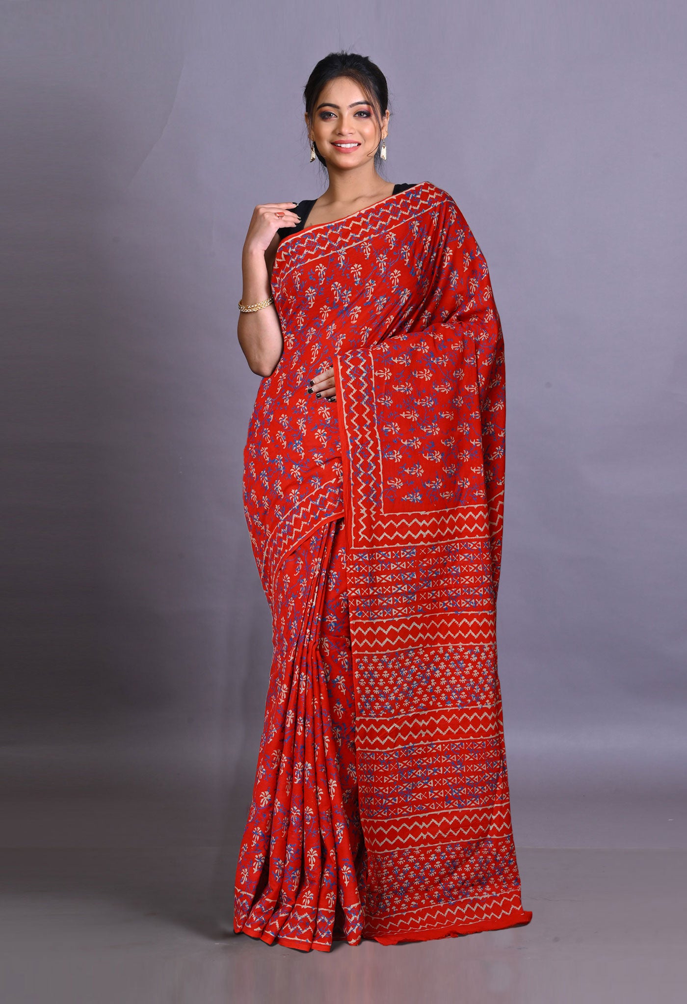 Red Pure Napthol Hand Block Pinted Soft Cotton Saree-UNM79873