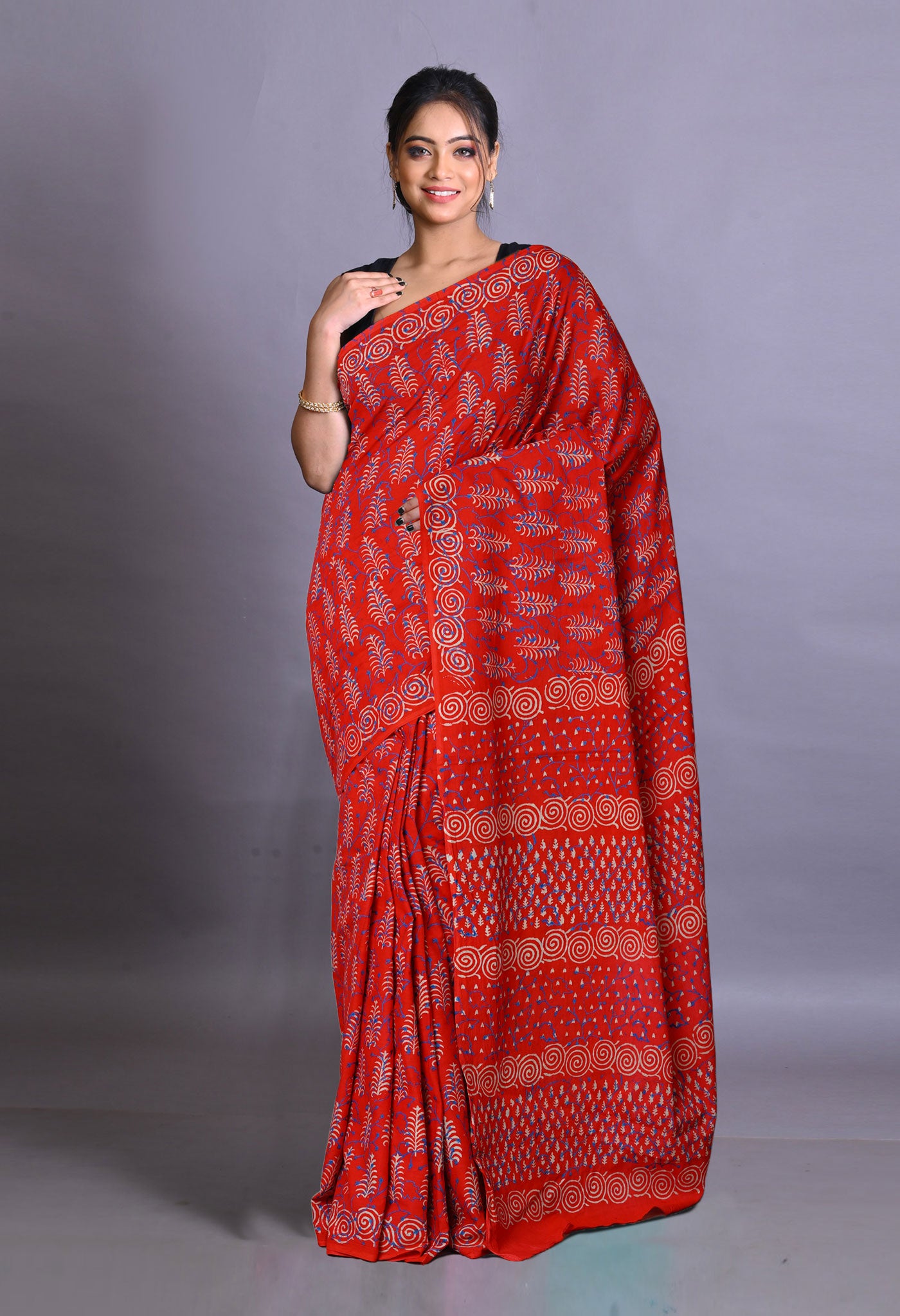 Red Pure Napthol Hand Block Pinted Soft Cotton Saree-UNM79875