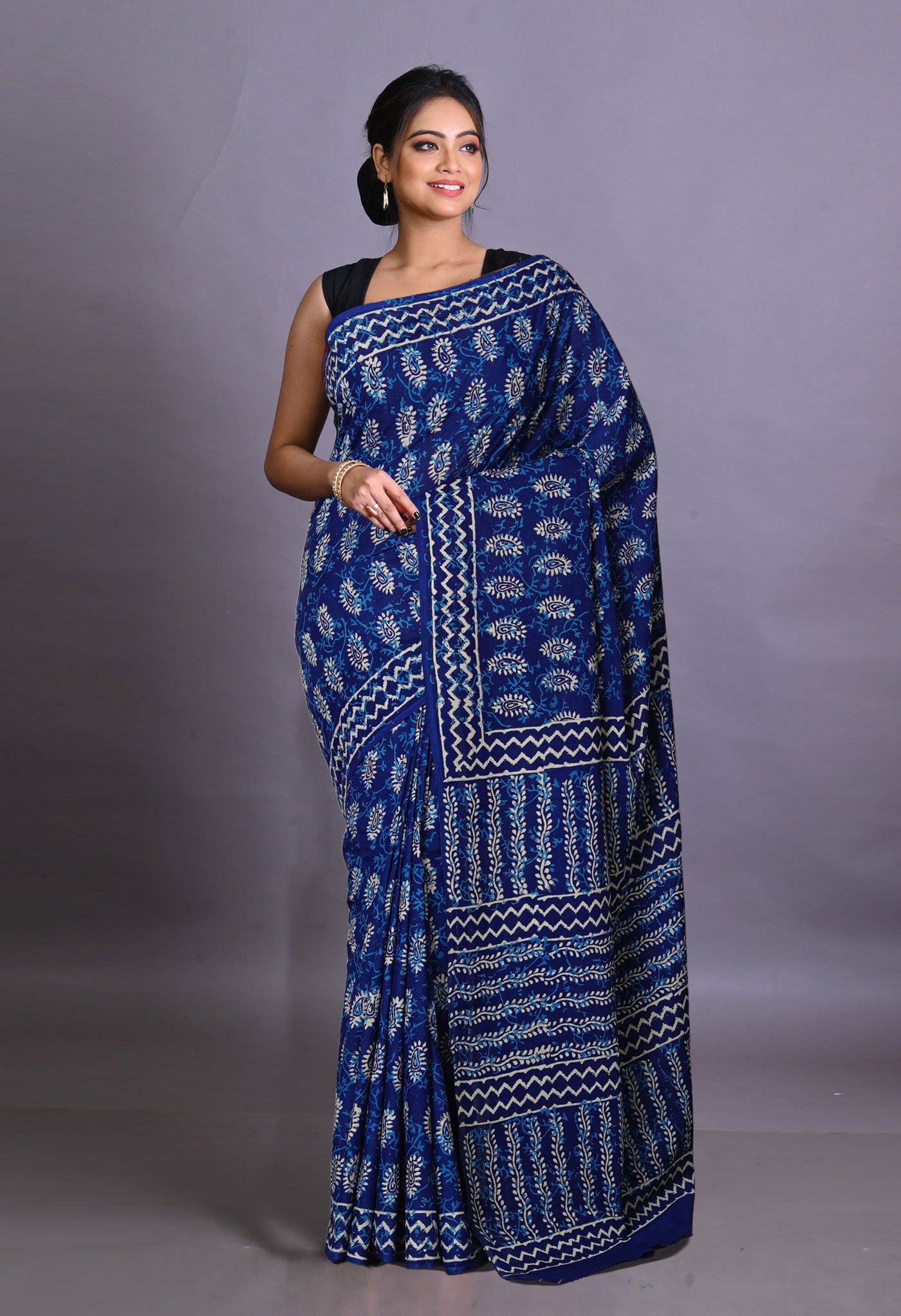 Navy Blue Pure Napthol Hand Block Pinted Soft Cotton Saree-UNM79876