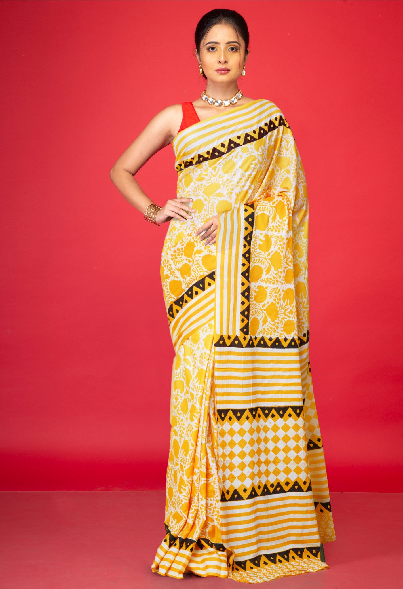 Yellow Pure Discharge Printed Soft Cotton Saree-UNM79877