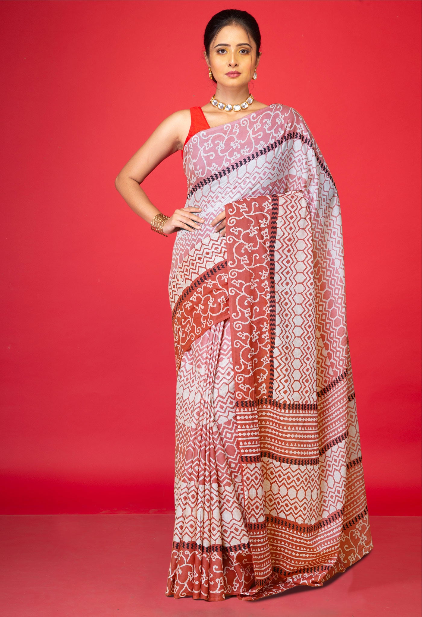 Blush Red Pure Discharge Printed Soft Cotton Saree-UNM79879