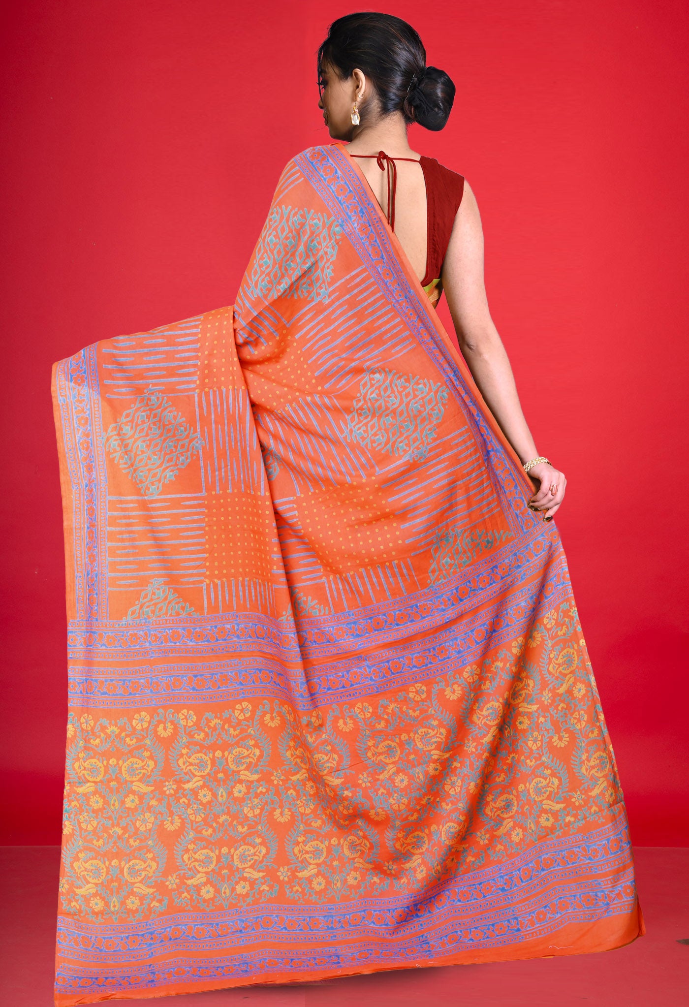 Peach Pink Pure Discharge Printed Soft Cotton Saree-UNM79882