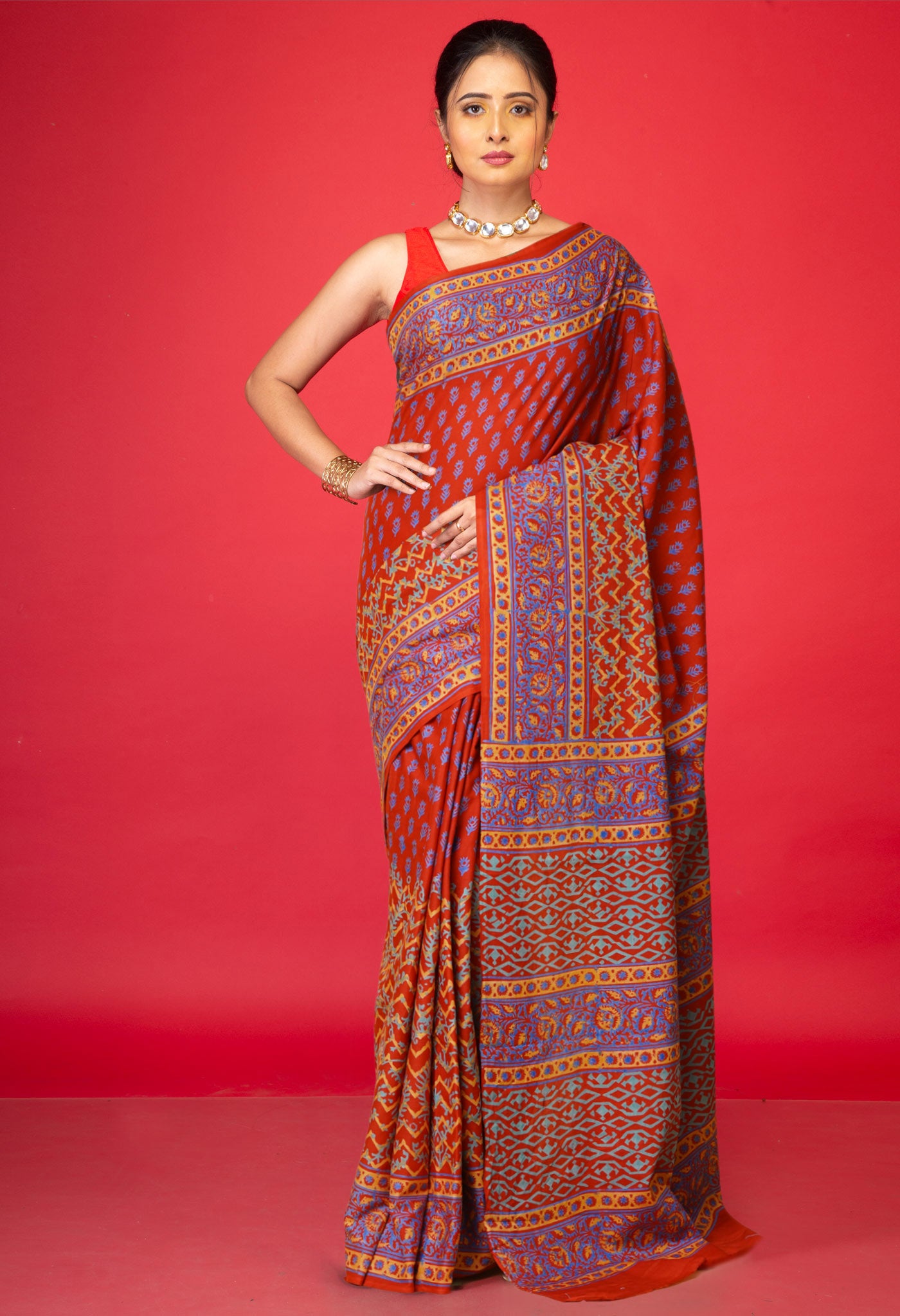 Red Pure Discharge Printed Soft Cotton Saree-UNM79884