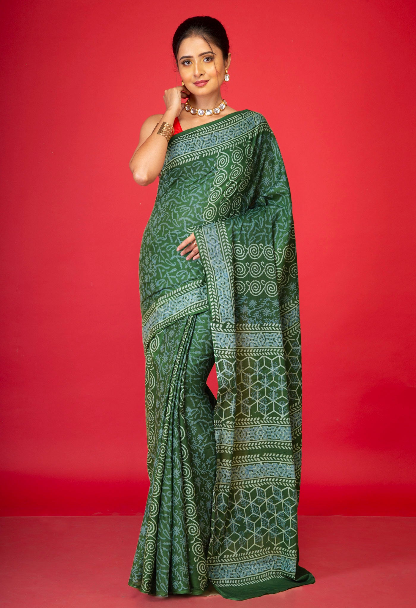 Green Pure Discharge Printed Soft Cotton Saree-UNM79885