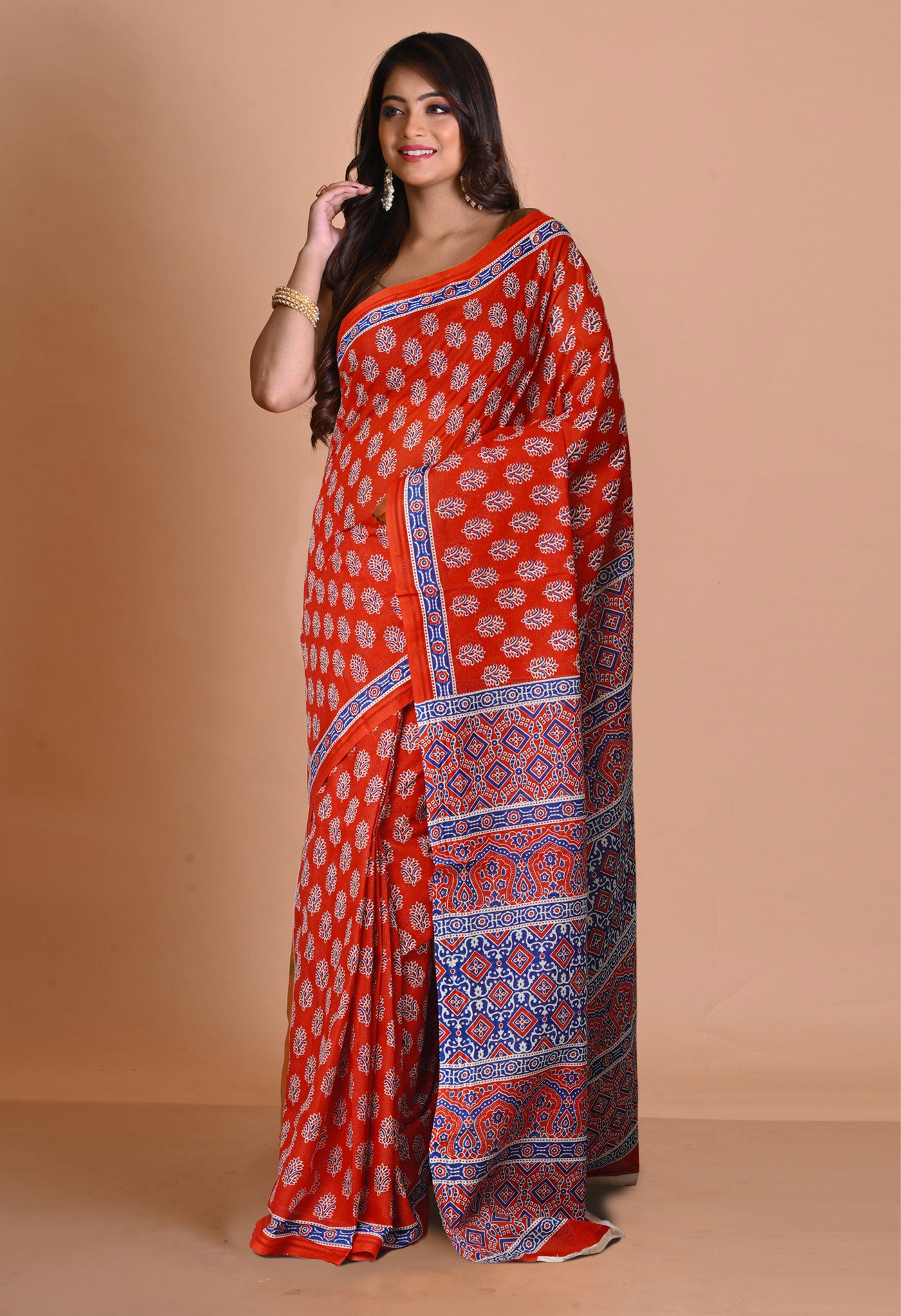 Red Pure Hand Block Printed Kota Saree-UNM79897