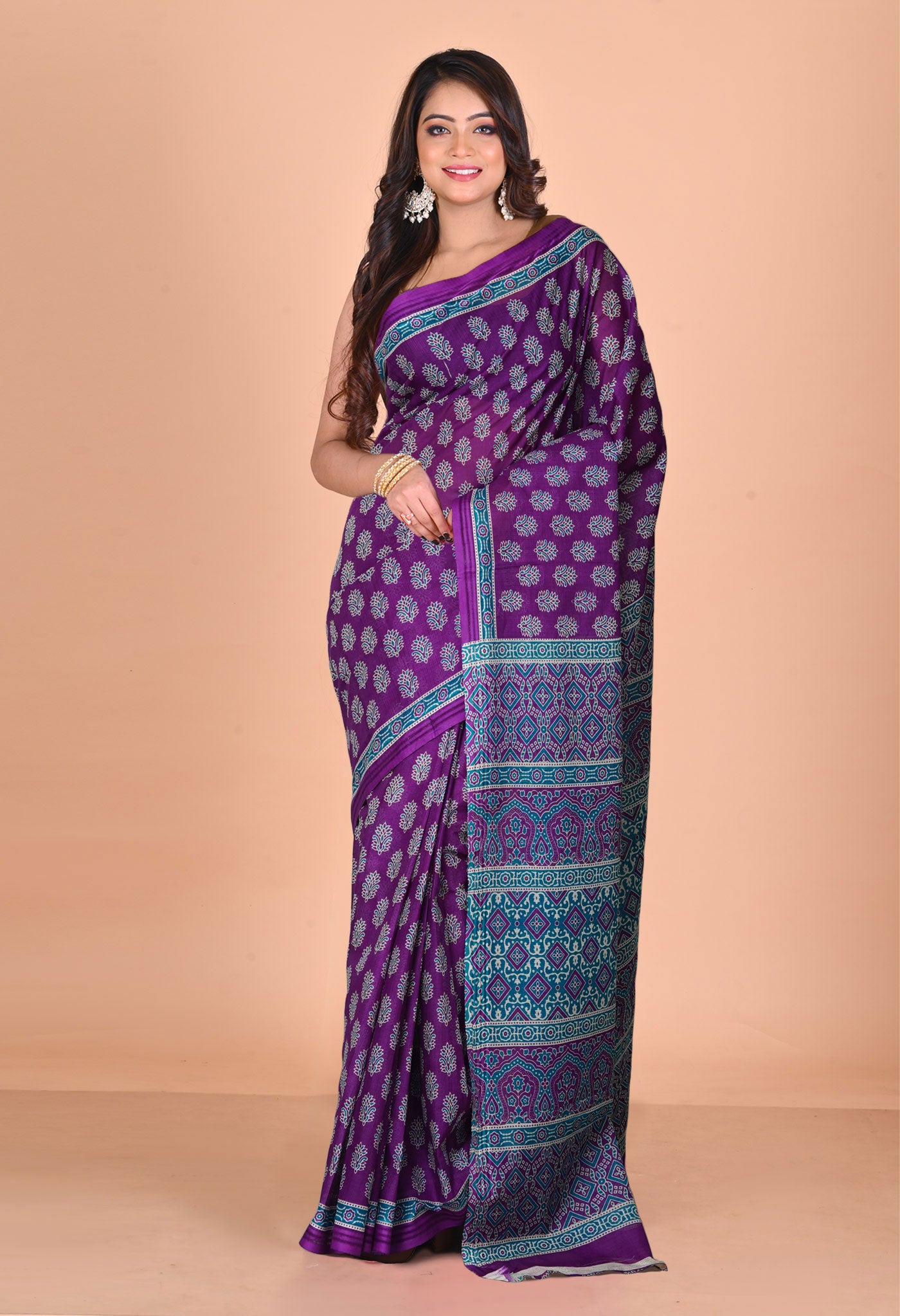 Purple Pure Hand Block Printed Kota Saree-UNM79898