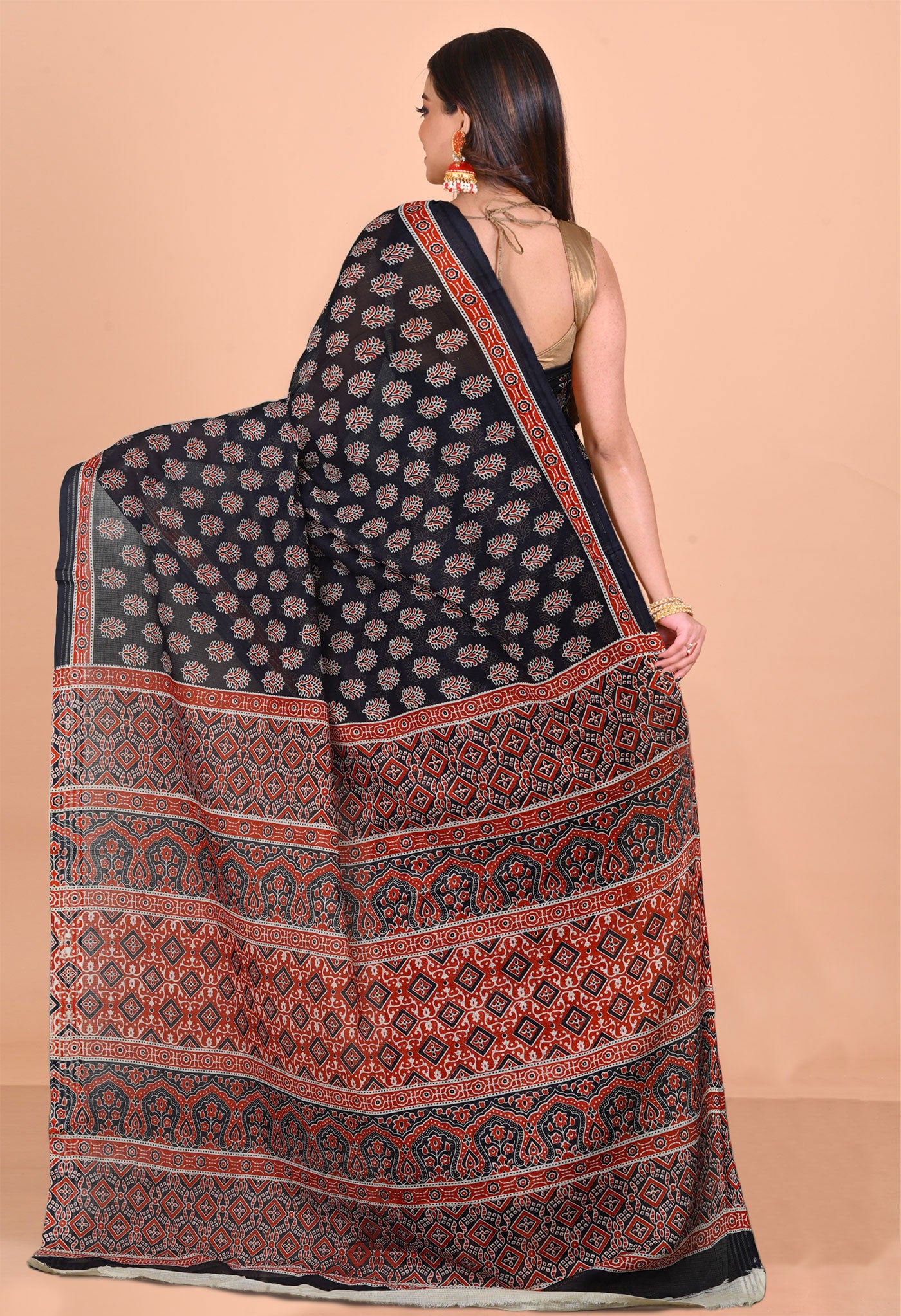 Black Pure Hand Block Printed Kota Saree-UNM79899