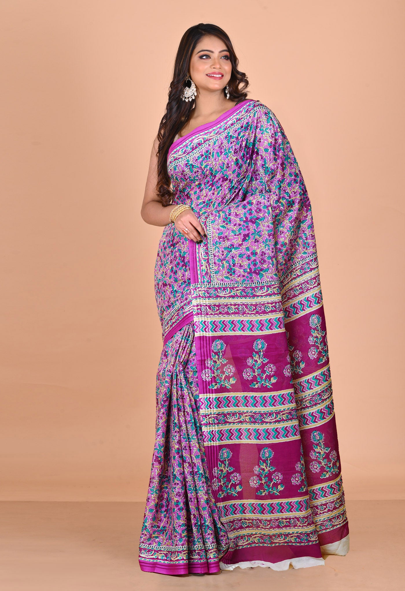 Pink Pure Hand Block Printed Kota Saree-UNM79900