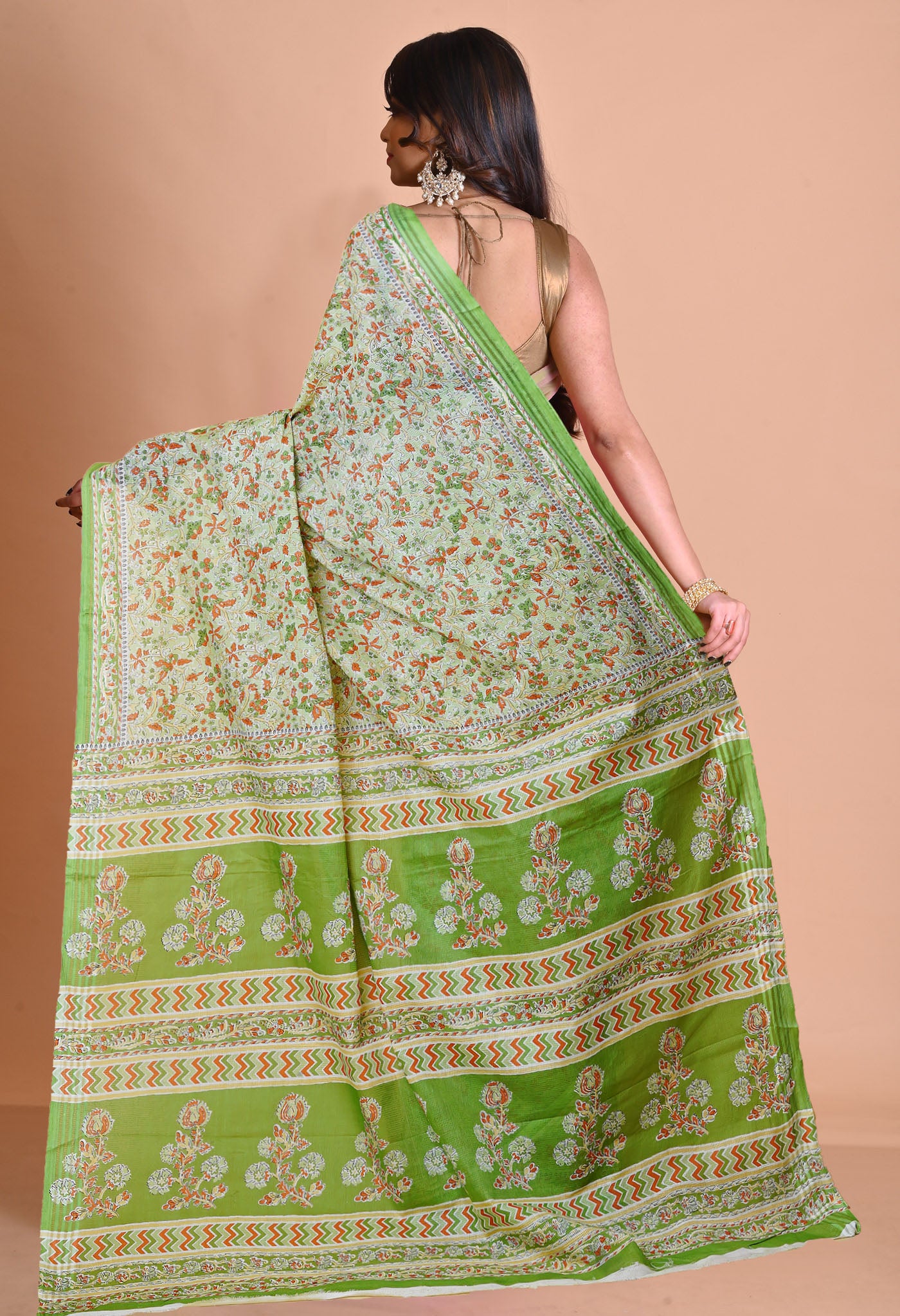 Green Pure Hand Block Printed Kota Saree-UNM79901