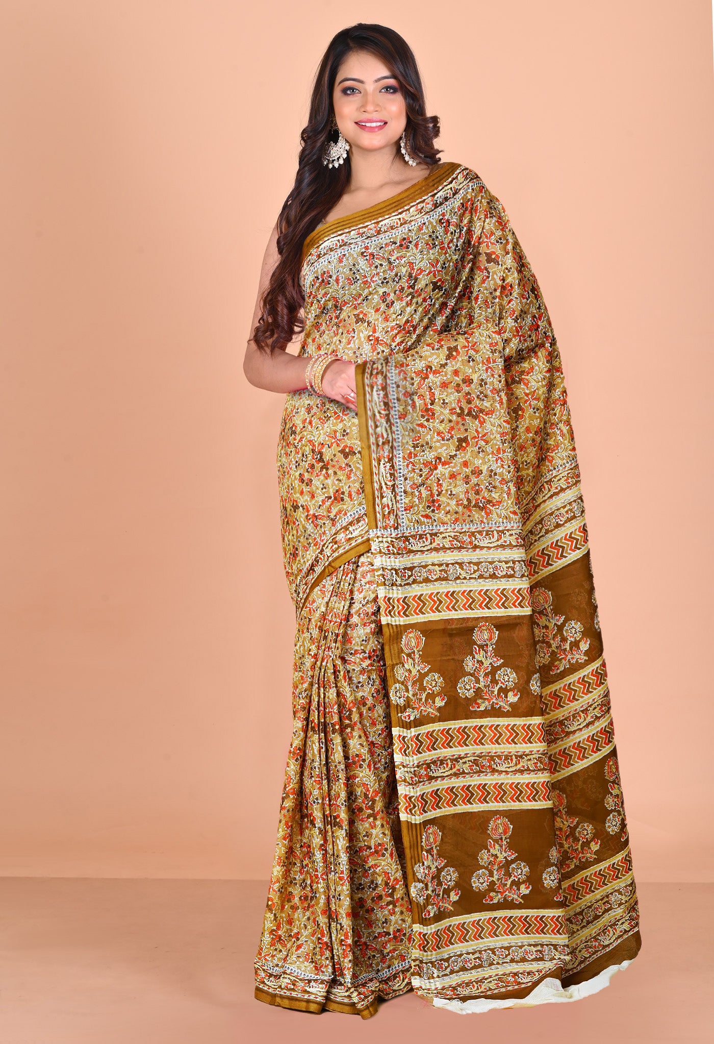 Brown Pure Hand Block Printed Kota Saree-UNM79902