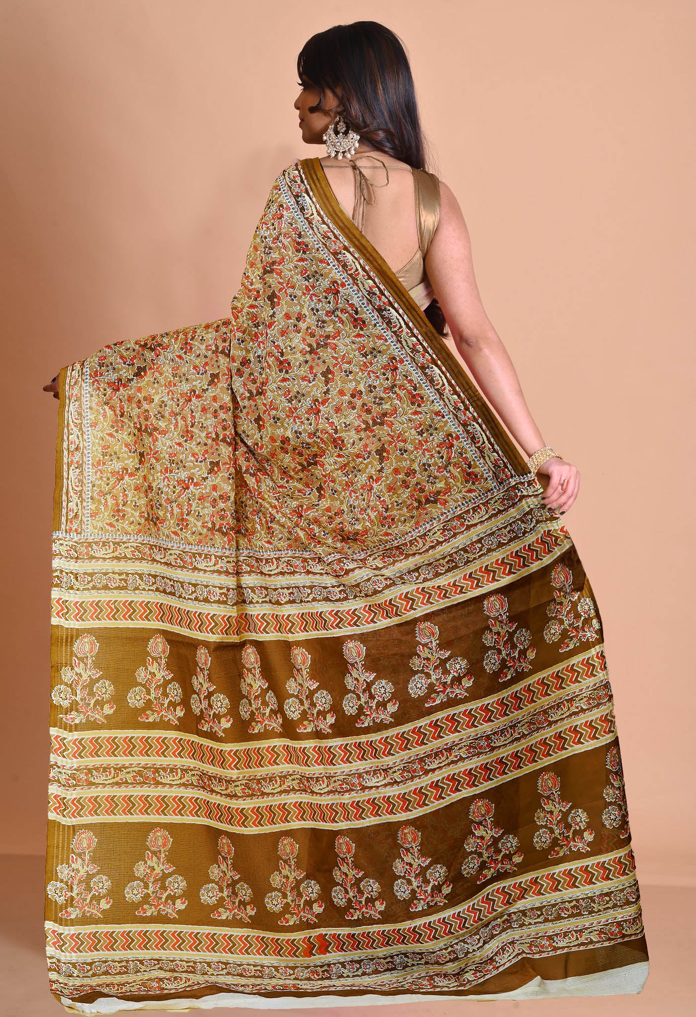 Brown Pure Hand Block Printed Kota Saree-UNM79902