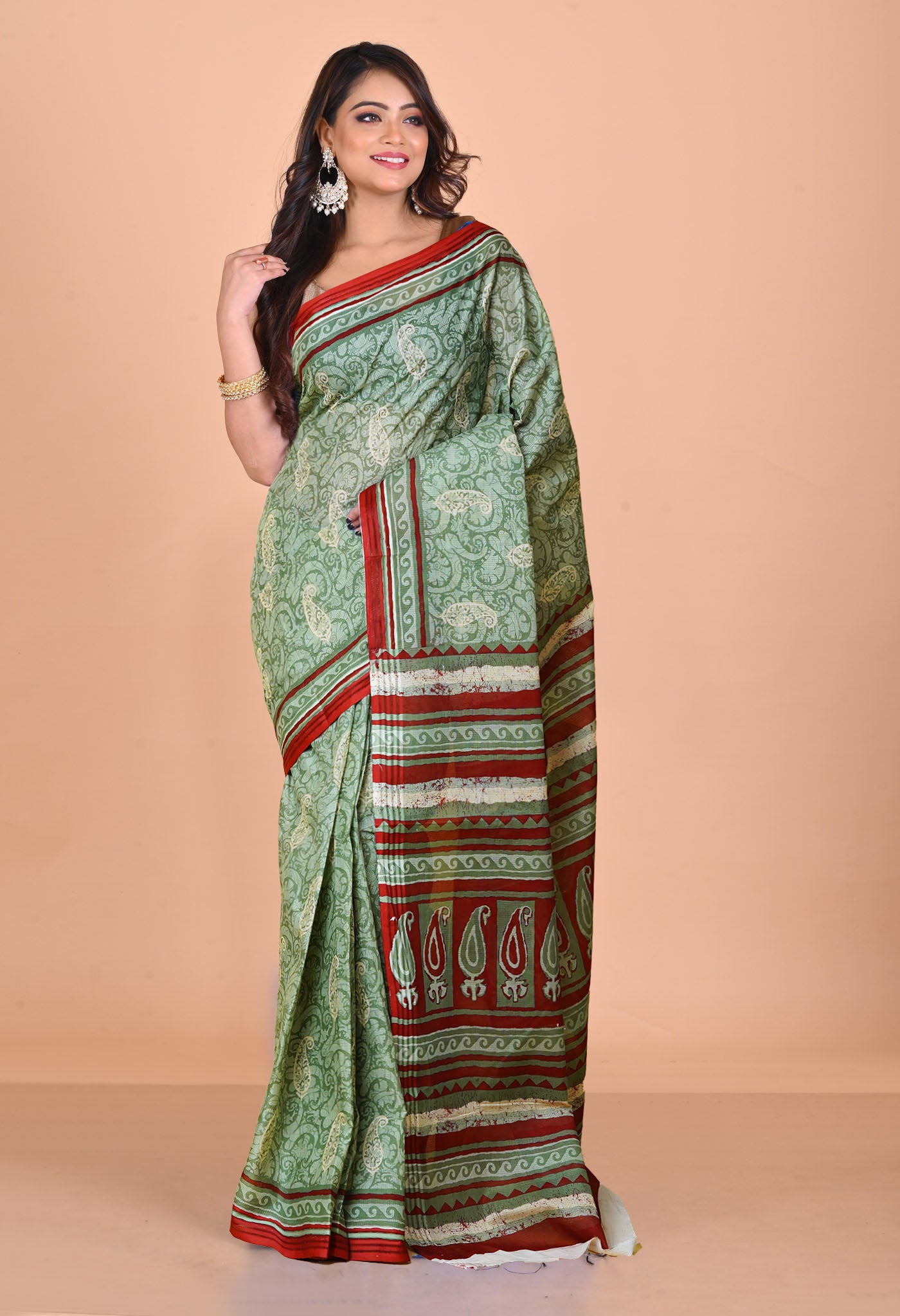 Green Pure Hand Block Printed Kota Saree-UNM79906