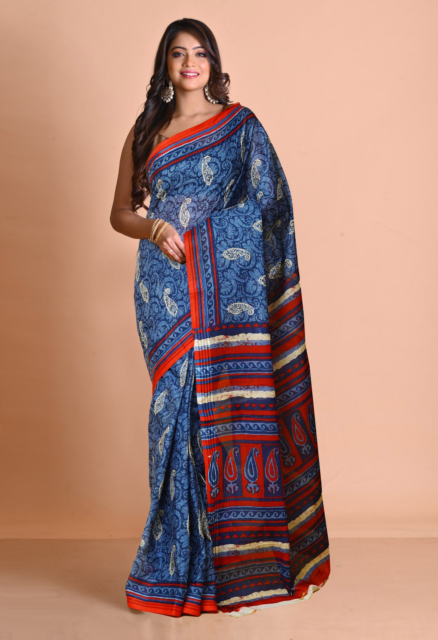 Blue Pure Hand Block Printed Kota Saree-UNM79907