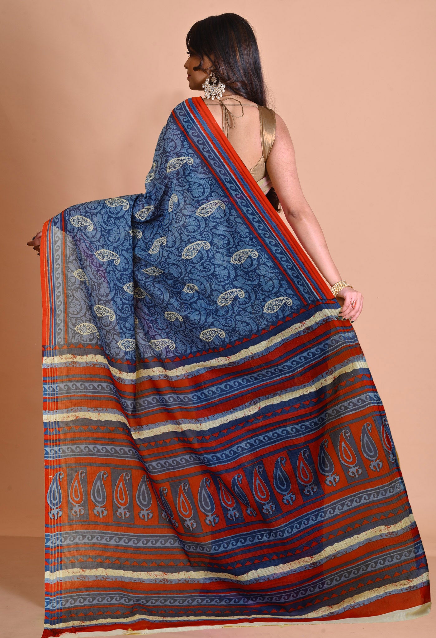 Blue Pure Hand Block Printed Kota Saree-UNM79907