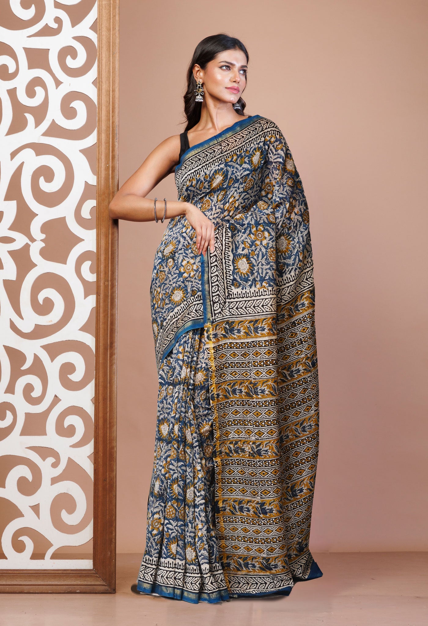 Blue Pure Bagru Kalamkari Printed Chanderi Sico Saree-UNM79909