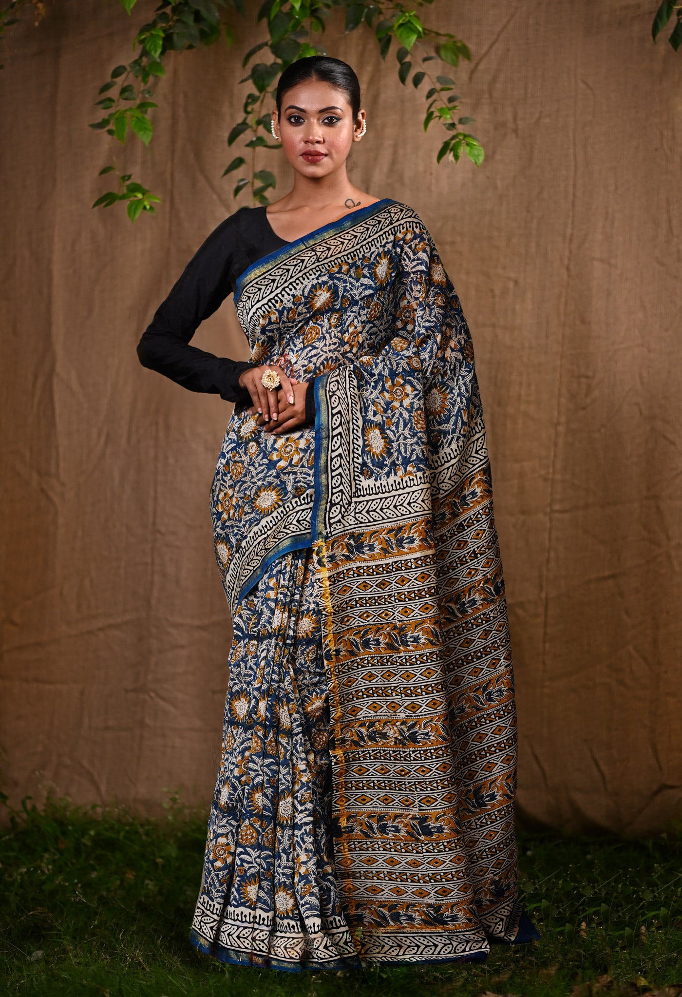 Blue Pure Bagru Kalamkari Printed Chanderi Sico Saree-UNM79909