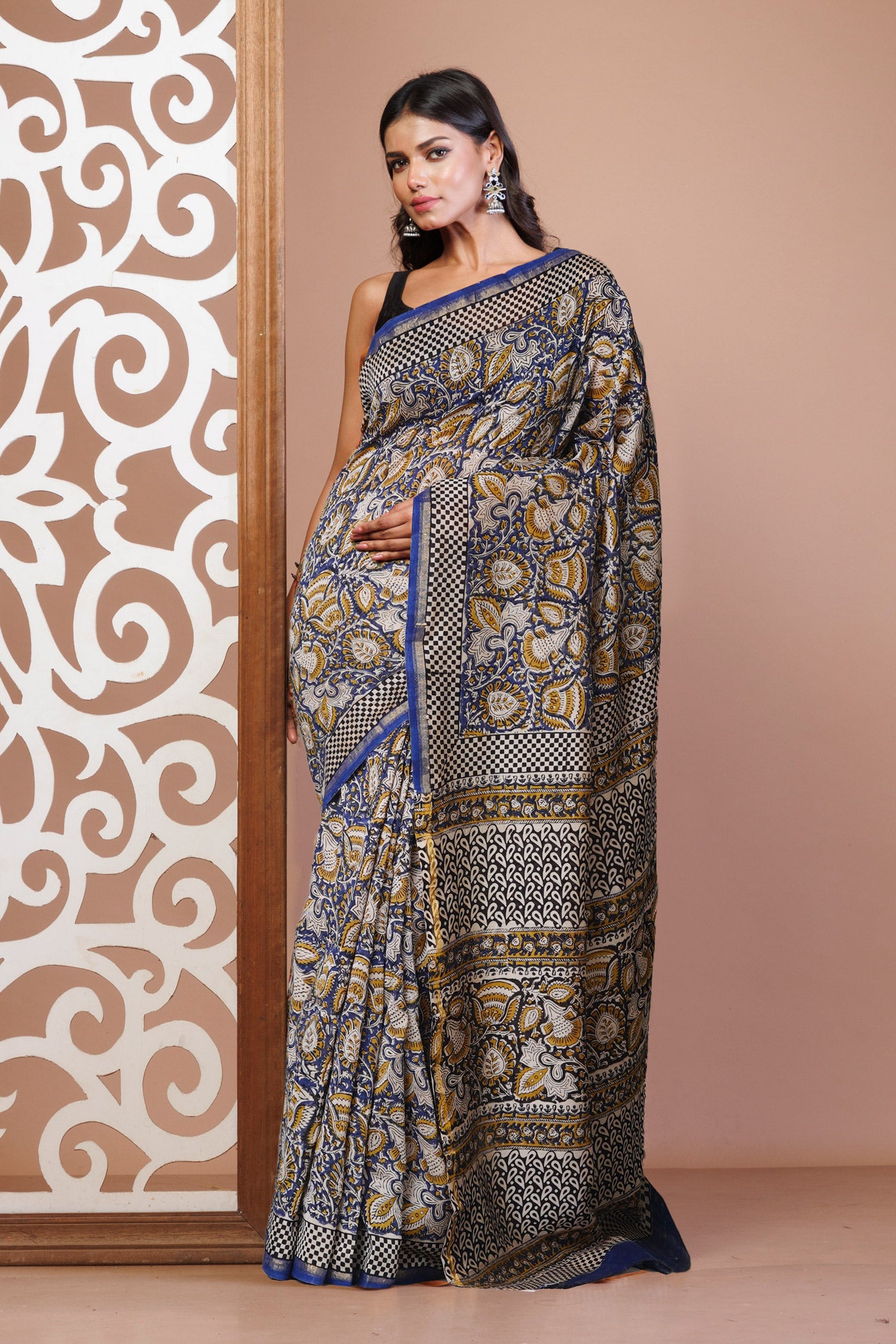 Blue Pure Bagru Kalamkari Printed Chanderi Sico Saree-UNM79911