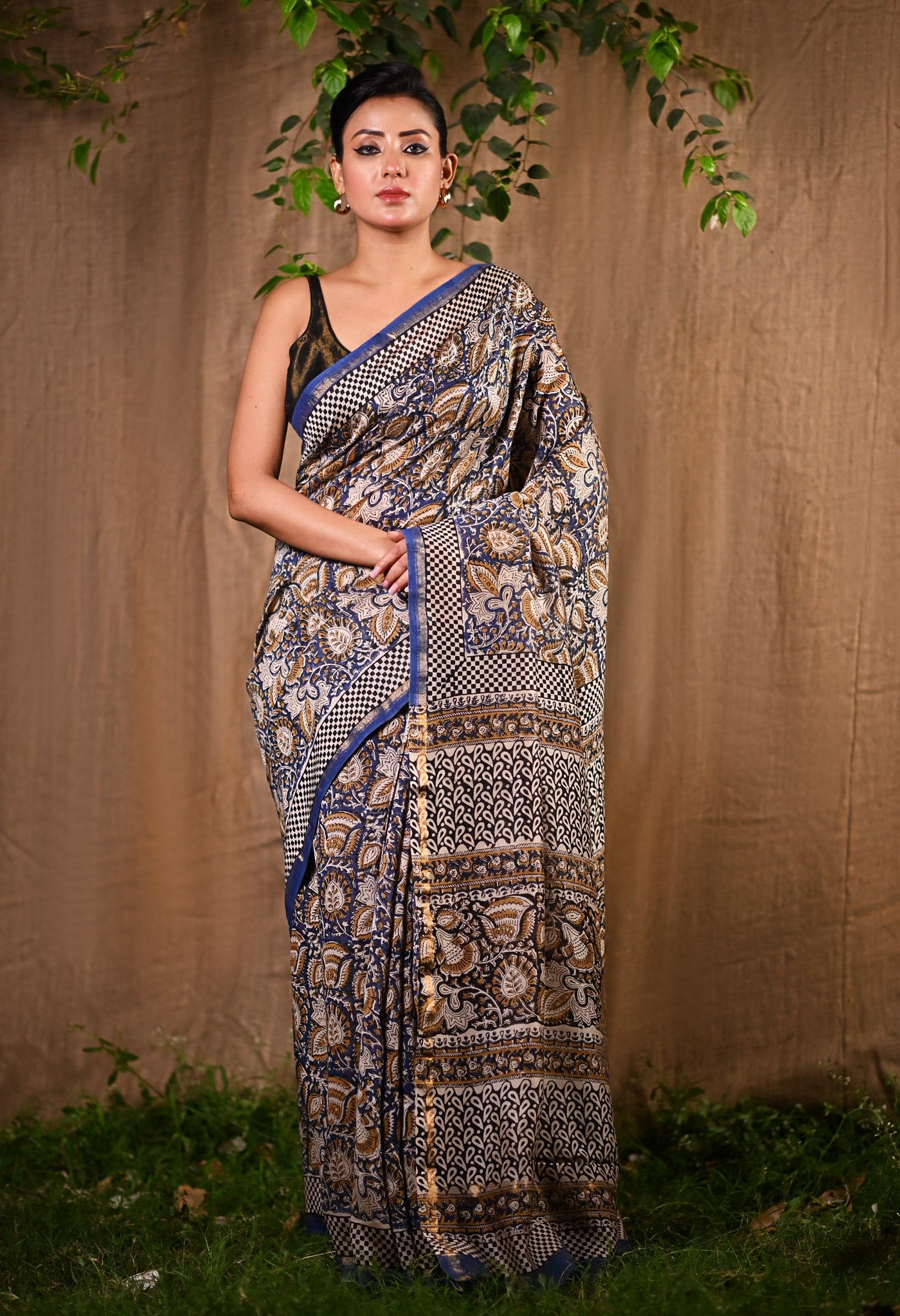 Blue Pure Bagru Kalamkari Printed Chanderi Sico Saree-UNM79911