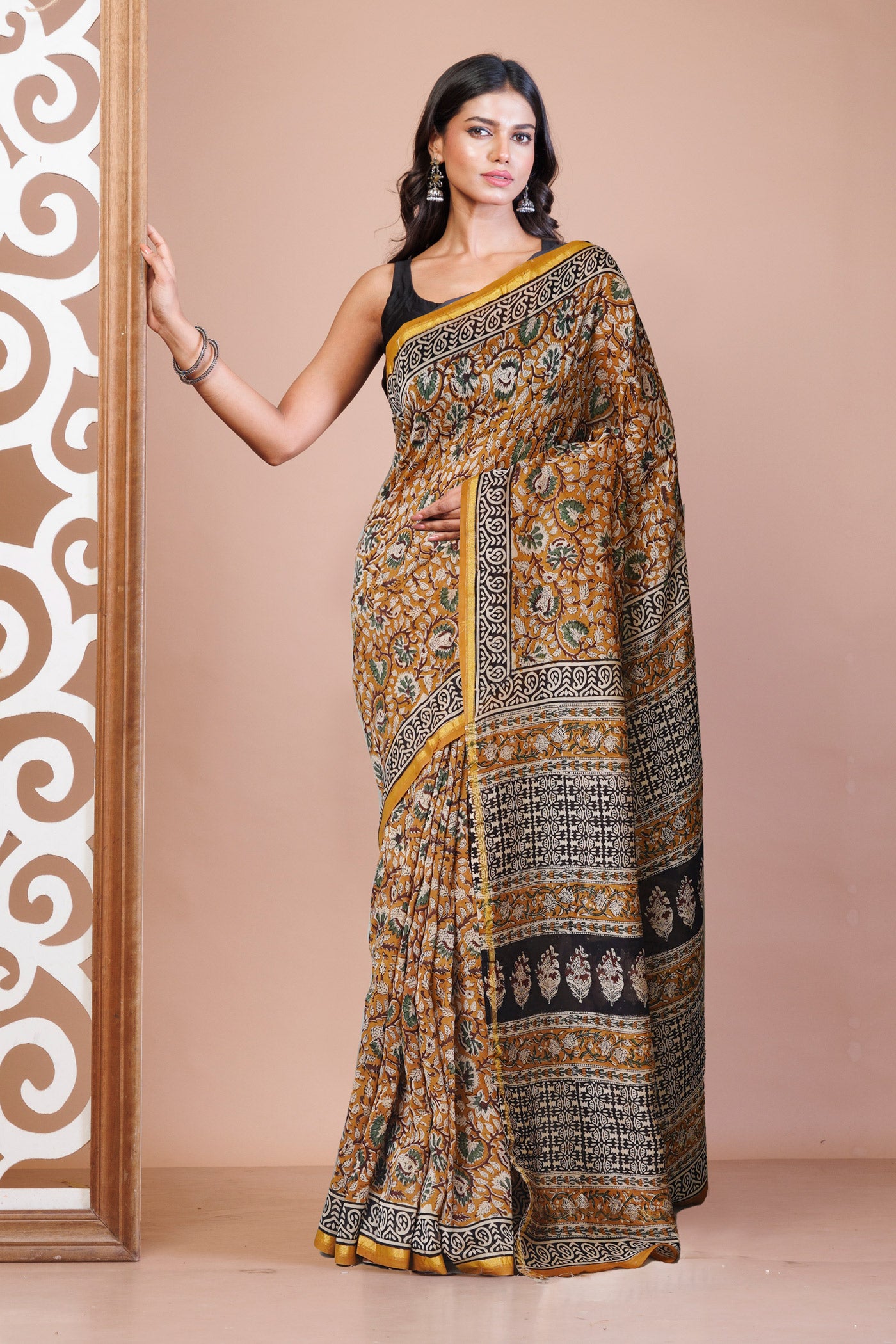 Brown Pure Bagru Kalamkari Printed Chanderi Sico Saree-UNM79912