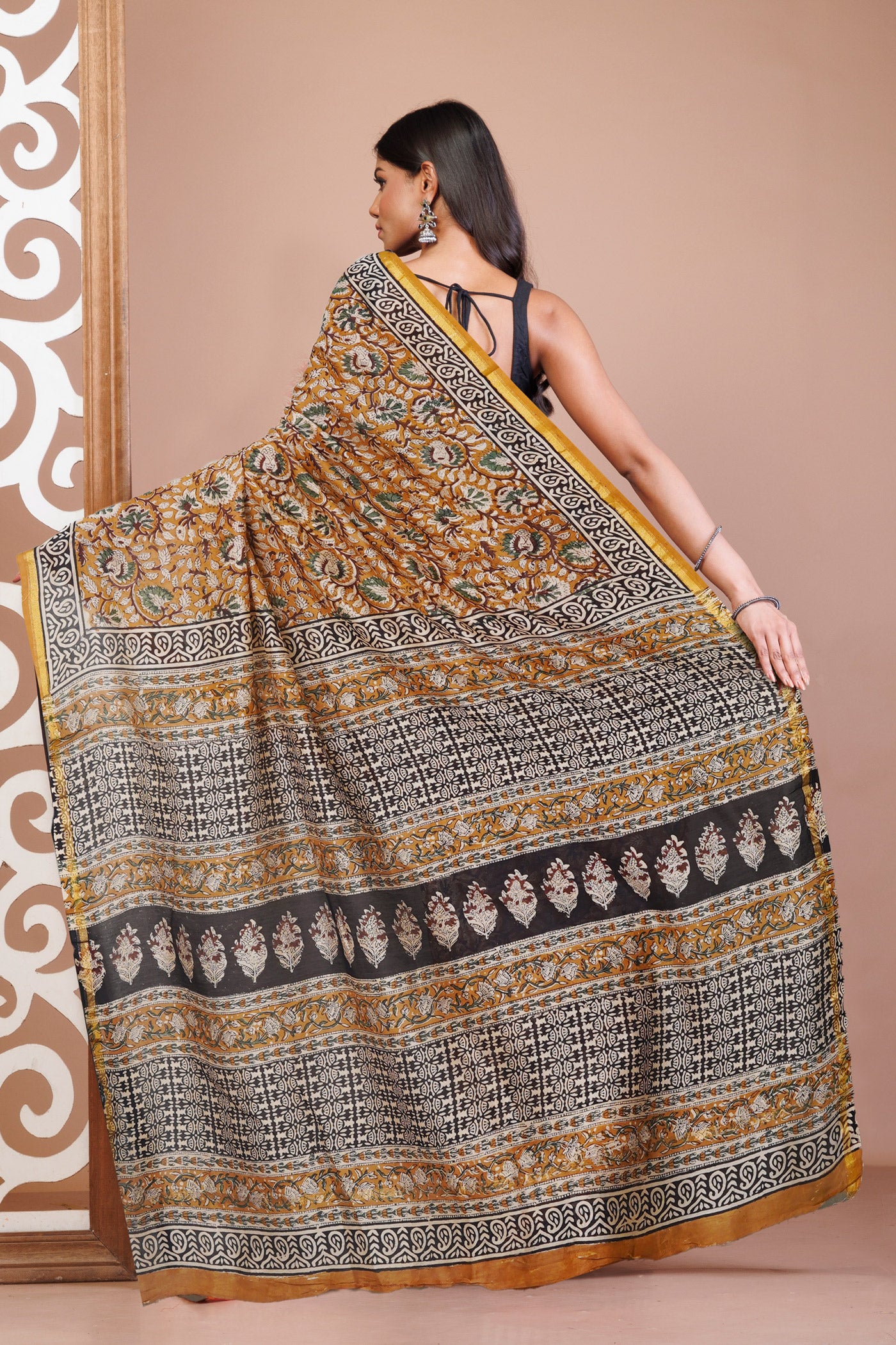 Brown Pure Bagru Kalamkari Printed Chanderi Sico Saree-UNM79912