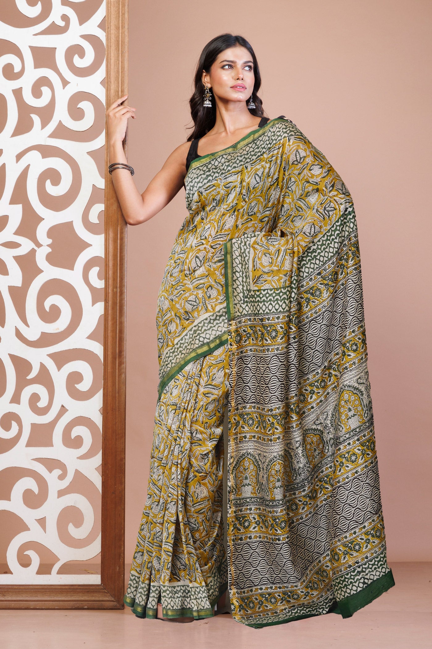 Olive Green Pure Bagru Kalamkari Printed Chanderi Sico Saree-UNM79913