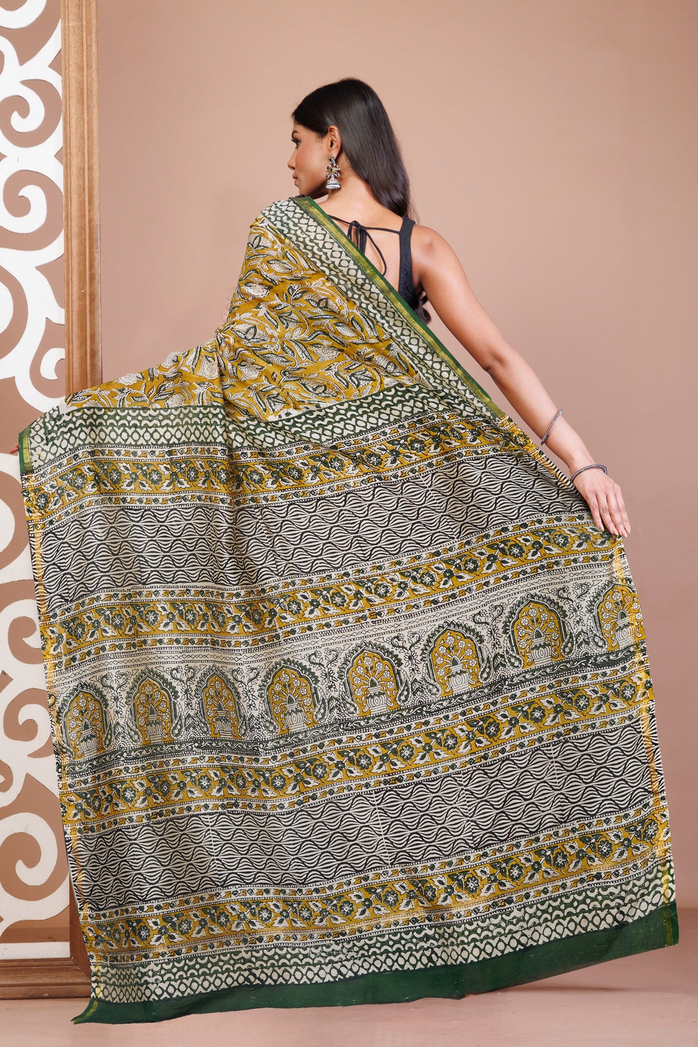 Olive Green Pure Bagru Kalamkari Printed Chanderi Sico Saree-UNM79913