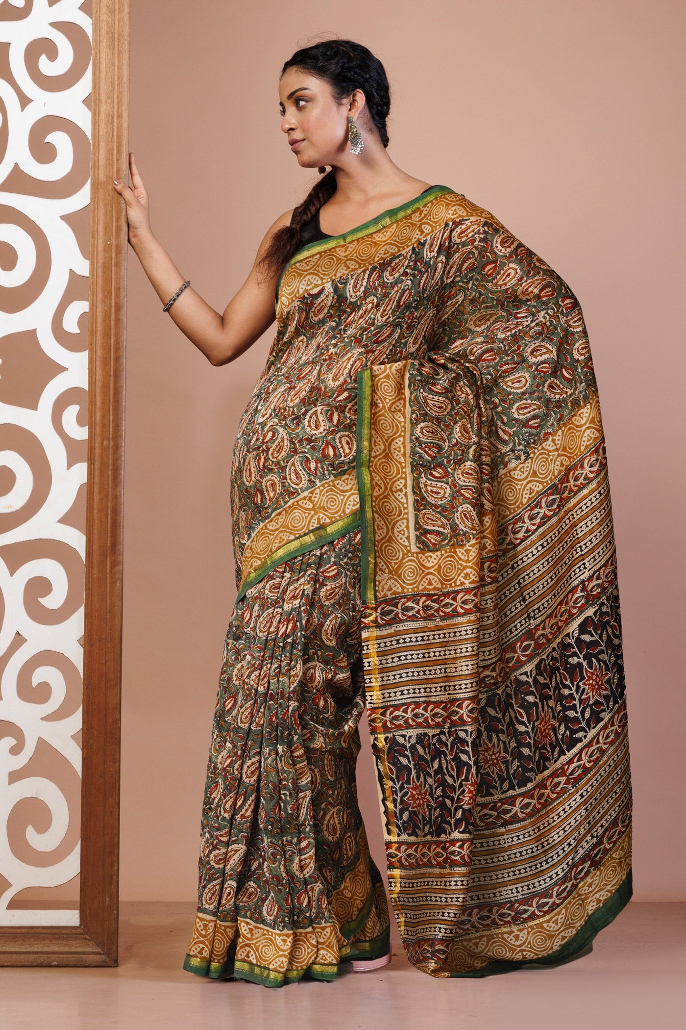 Green Pure Bagru Kalamkari Printed Chanderi Sico Saree-UNM79914