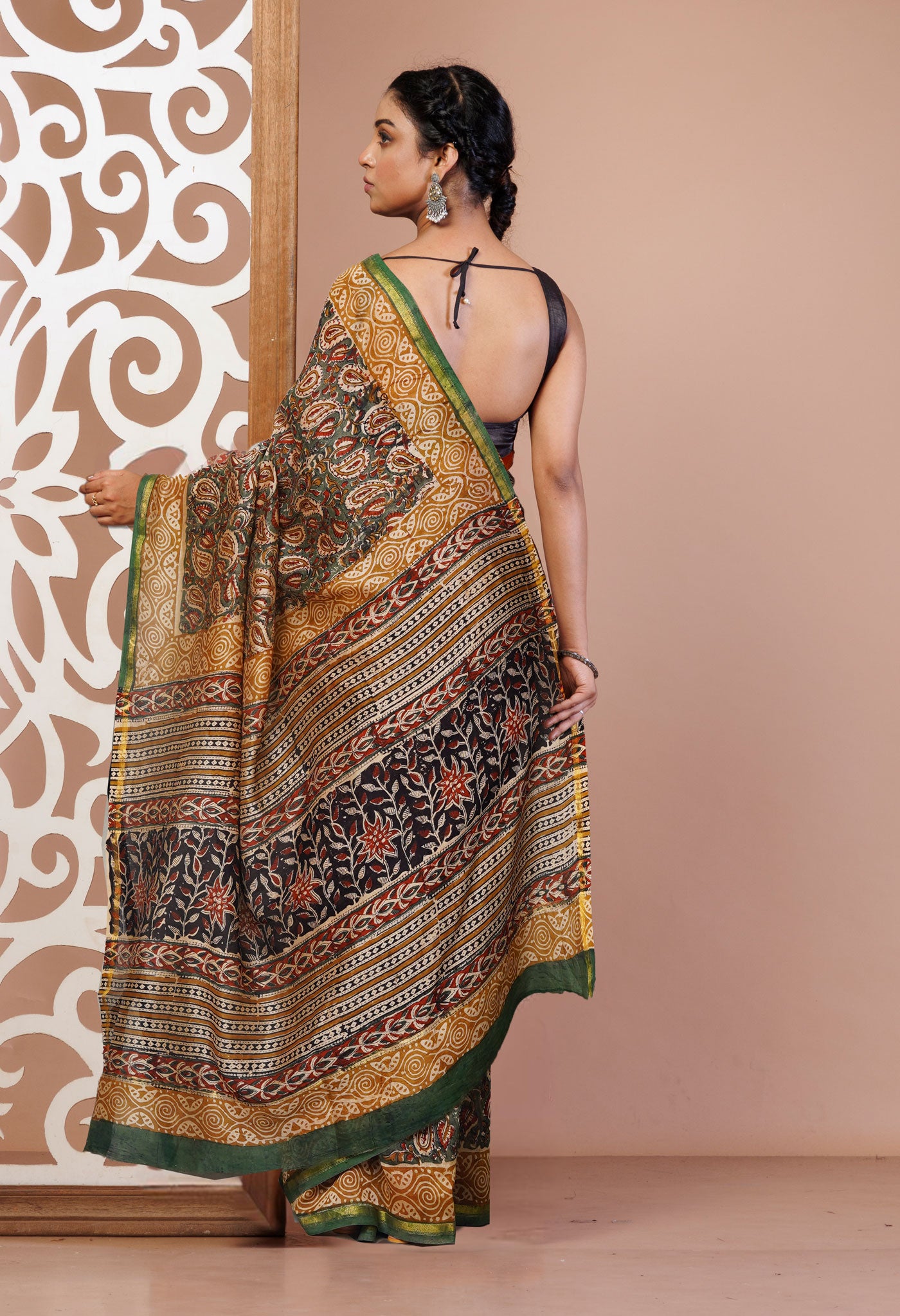 Green Pure Bagru Kalamkari Printed Chanderi Sico Saree-UNM79914