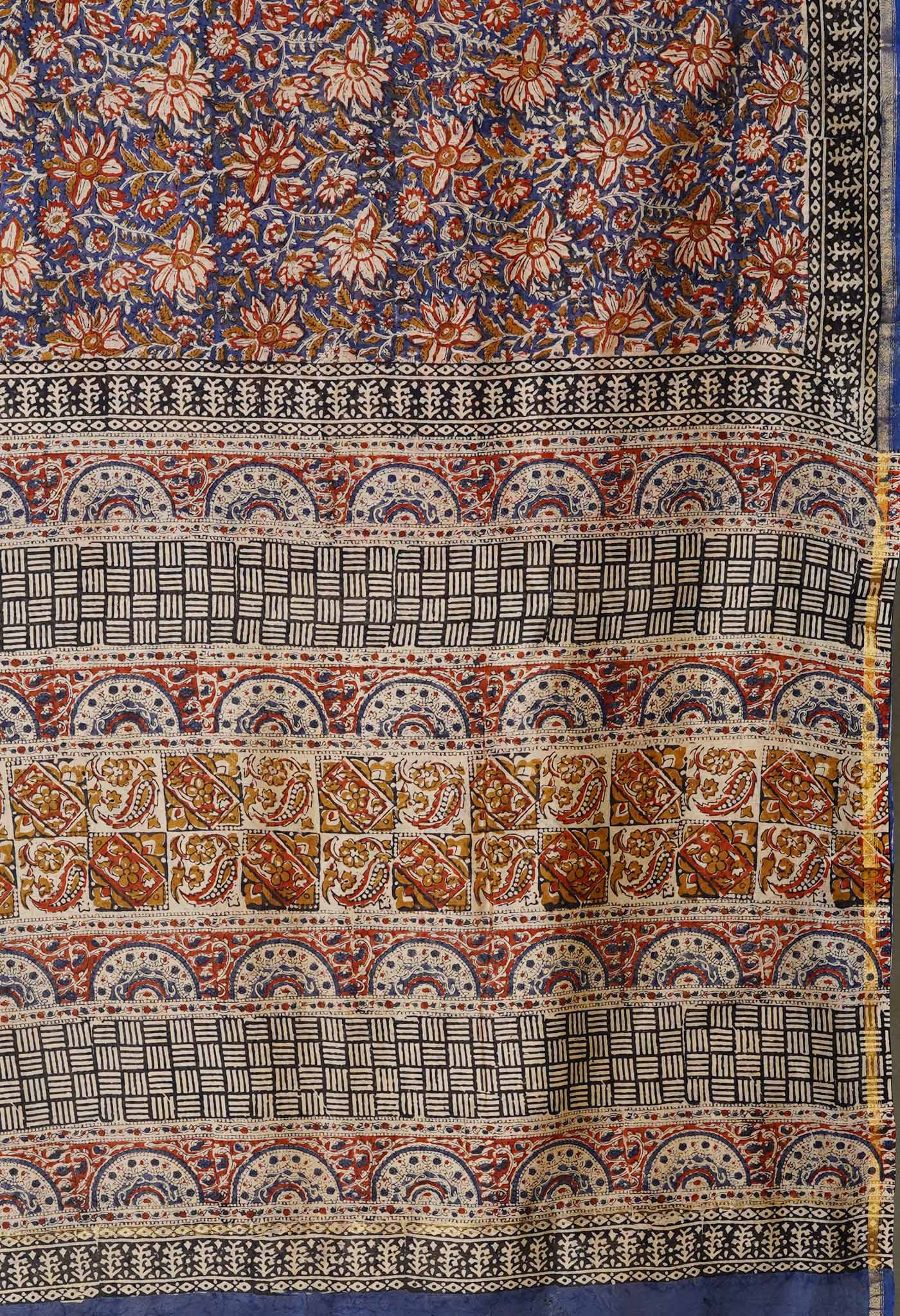 Blue Pure Bagru Kalamkari Printed Chanderi Sico Saree-UNM79916