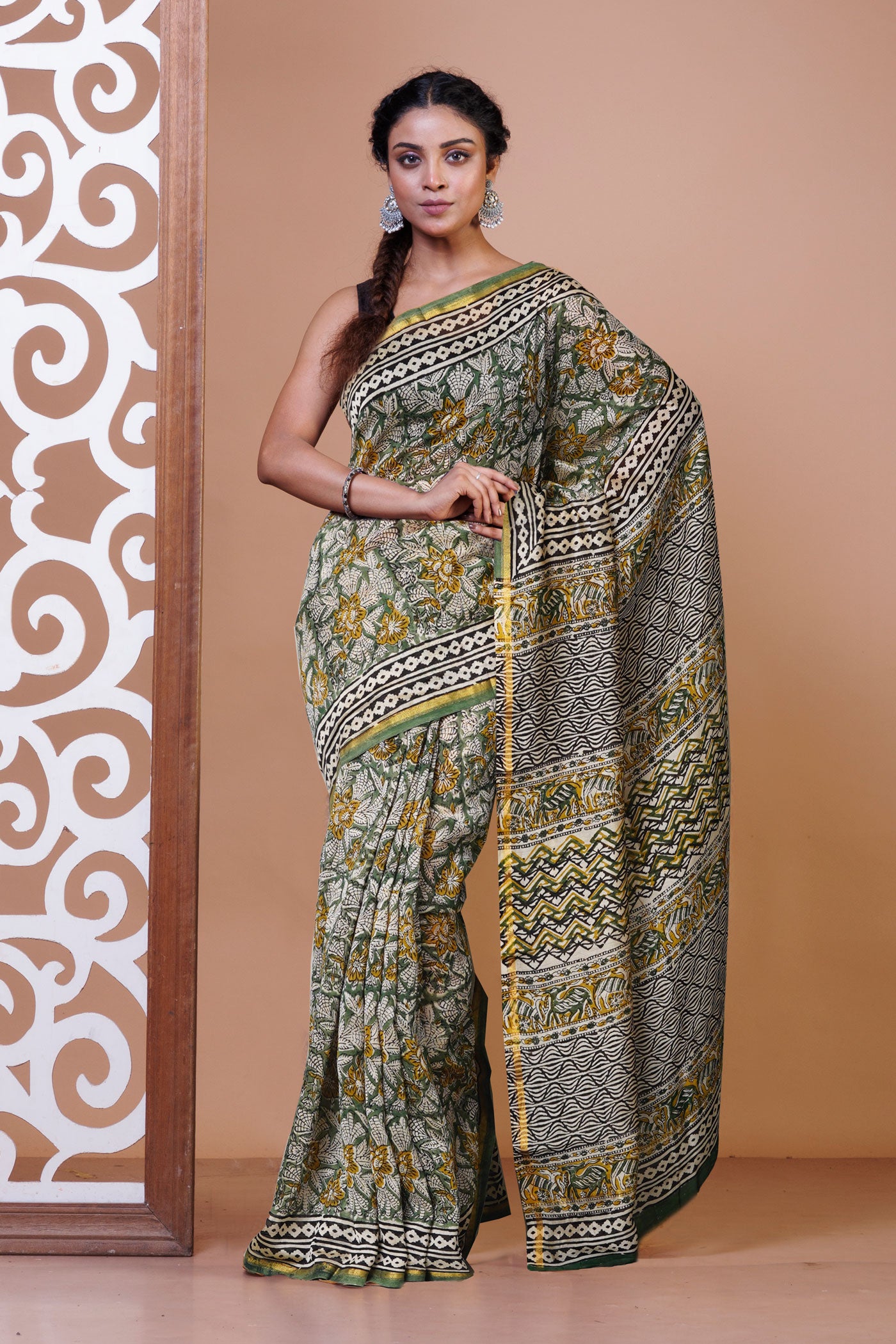 Green Pure Bagru Kalamkari Printed Chanderi Sico Saree-UNM79917