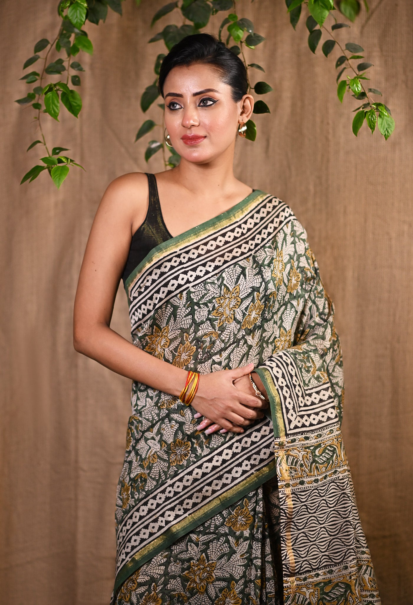 Green Pure Bagru Kalamkari Printed Chanderi Sico Saree-UNM79917