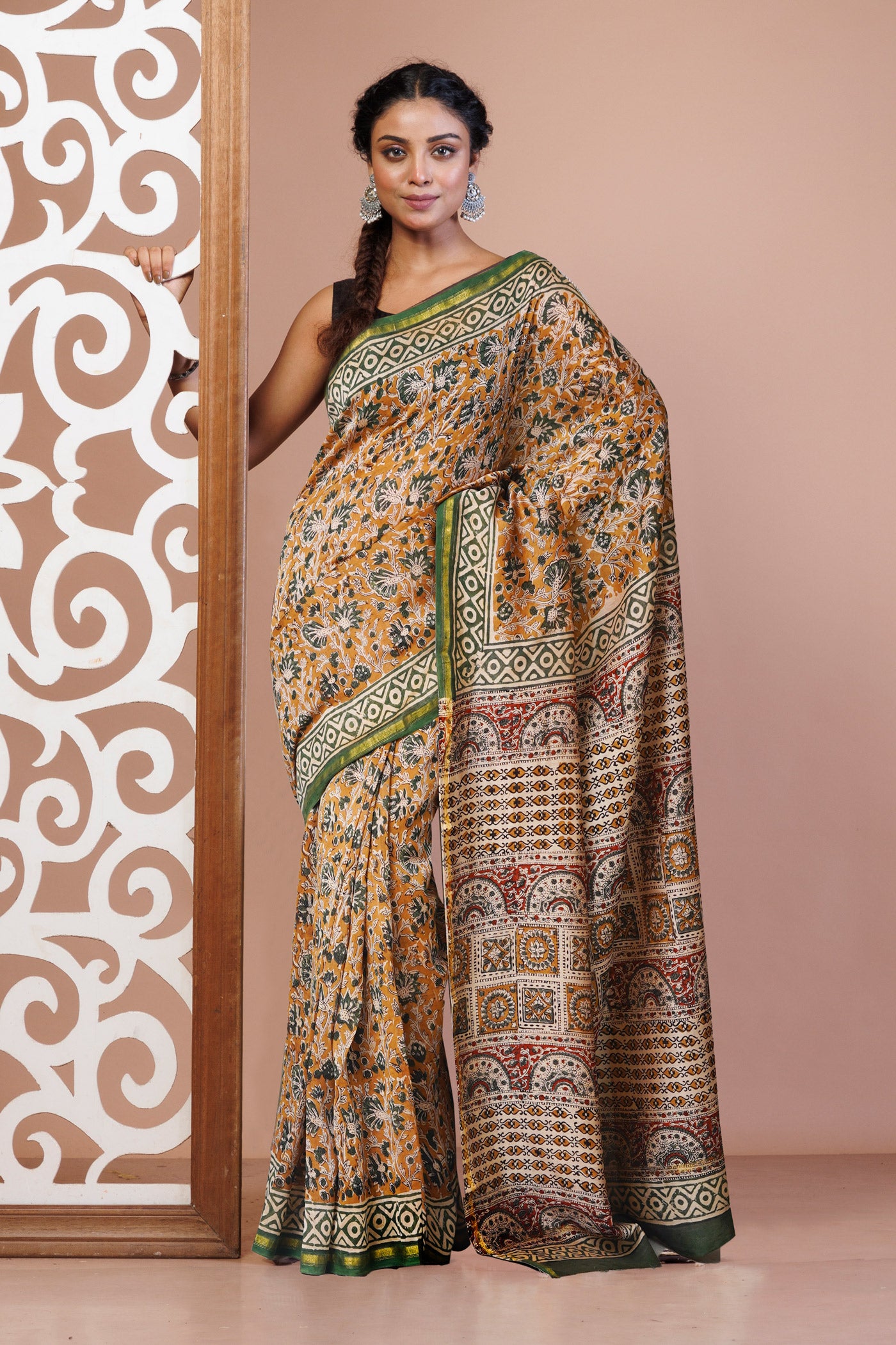 Brown Pure Bagru Kalamkari Printed Chanderi Sico Saree-UNM79918