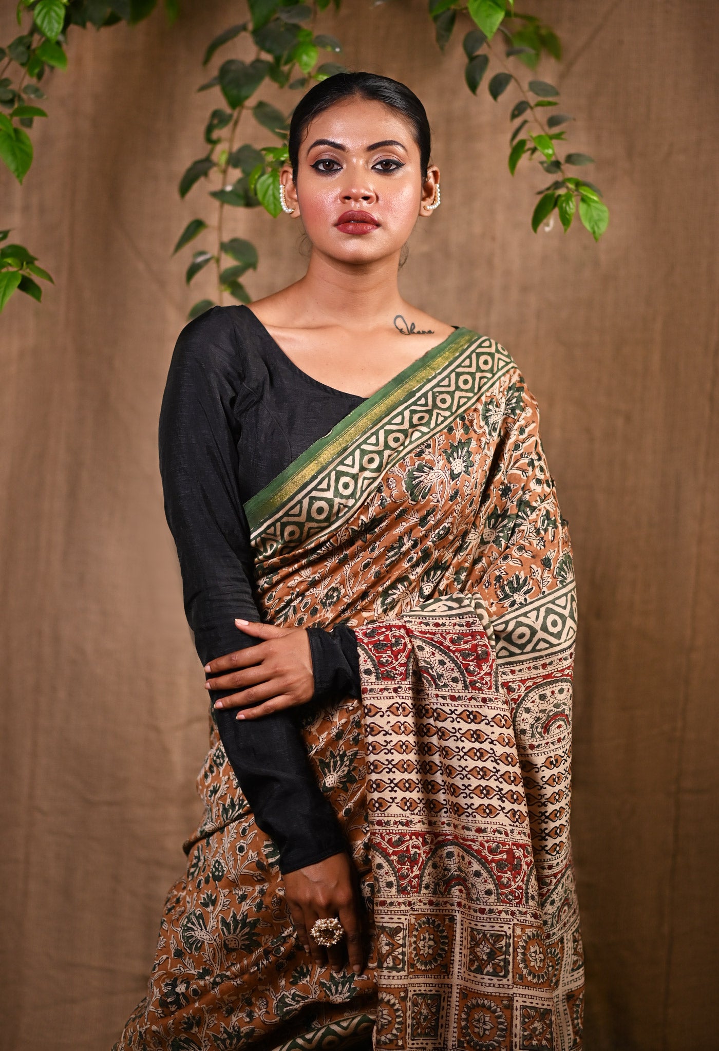 Brown Pure Bagru Kalamkari Printed Chanderi Sico Saree-UNM79918