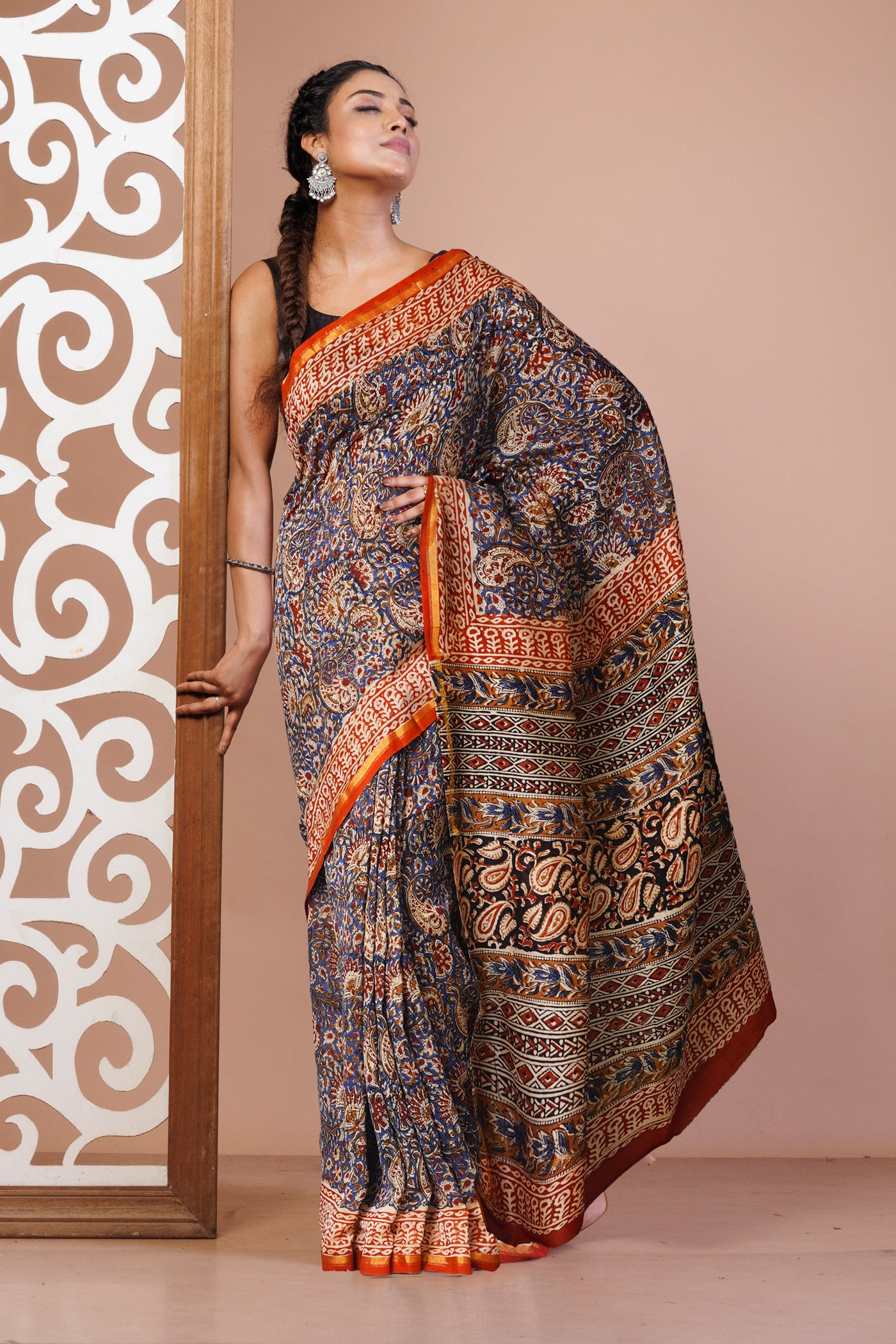 Blue Pure Bagru Kalamkari Printed Chanderi Sico Saree-UNM79919