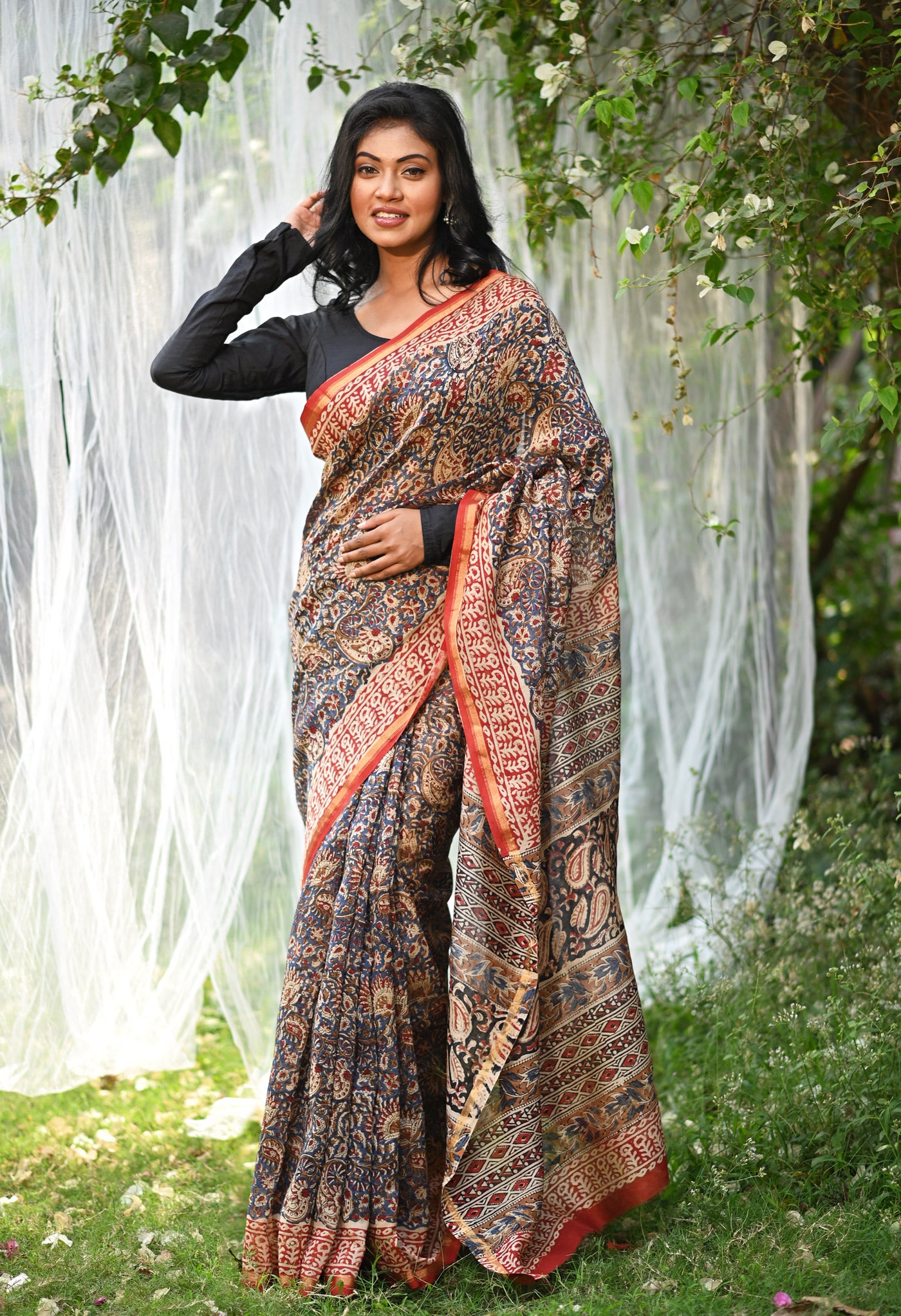 Blue Pure Bagru Kalamkari Printed Chanderi Sico Saree-UNM79919