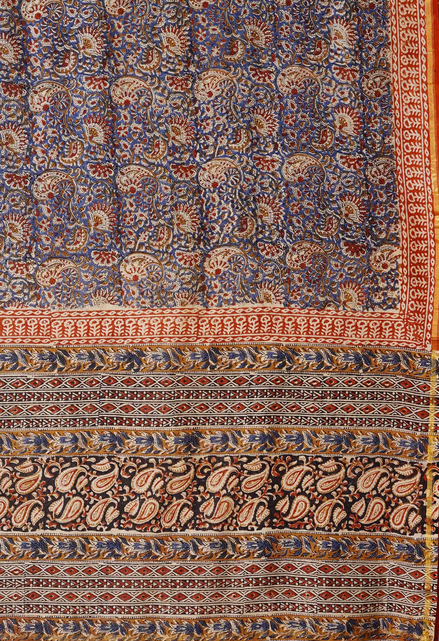 Blue Pure Bagru Kalamkari Printed Chanderi Sico Saree-UNM79919