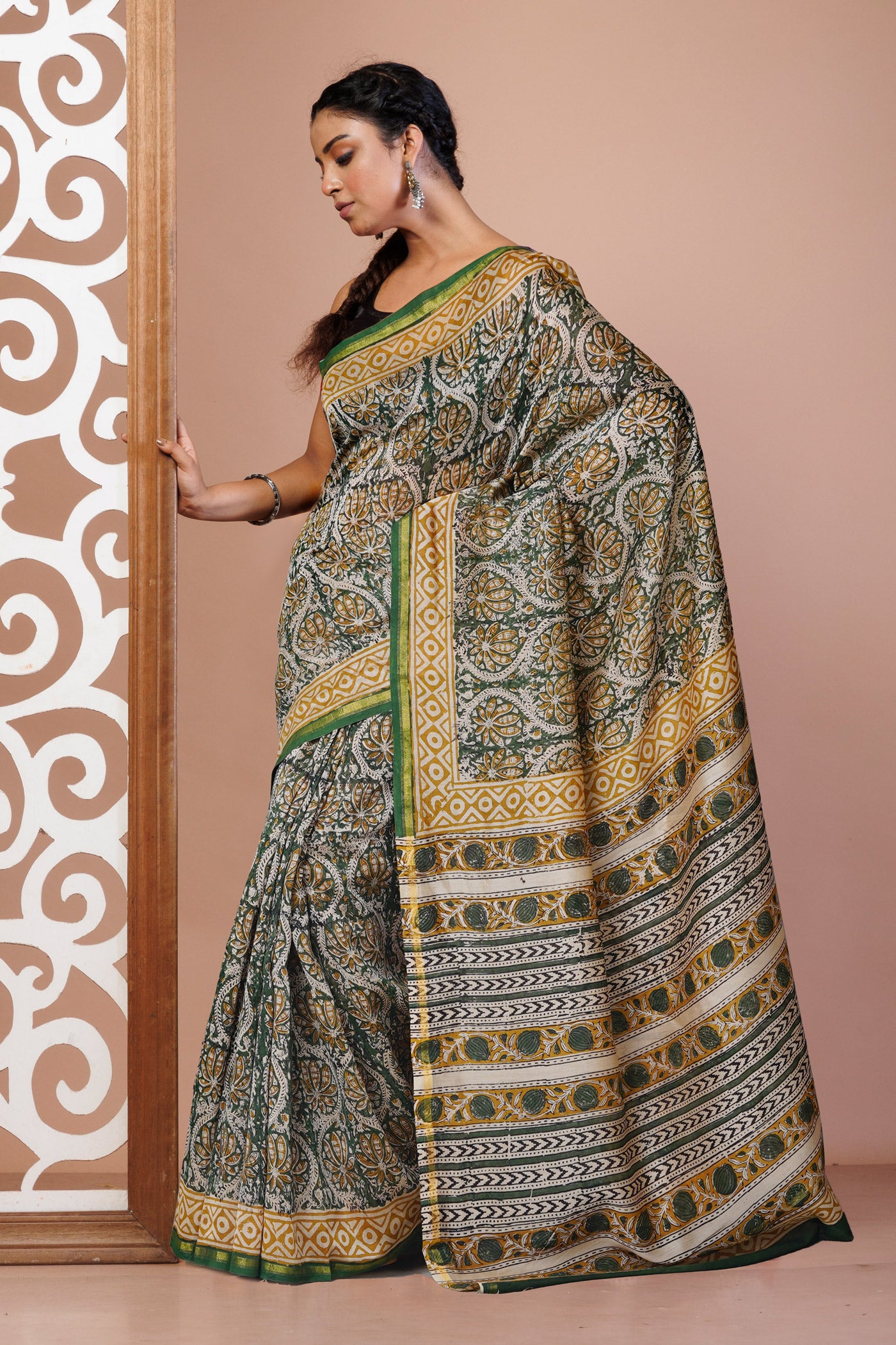 Green Pure Bagru Kalamkari Printed Chanderi Sico Saree-UNM79920