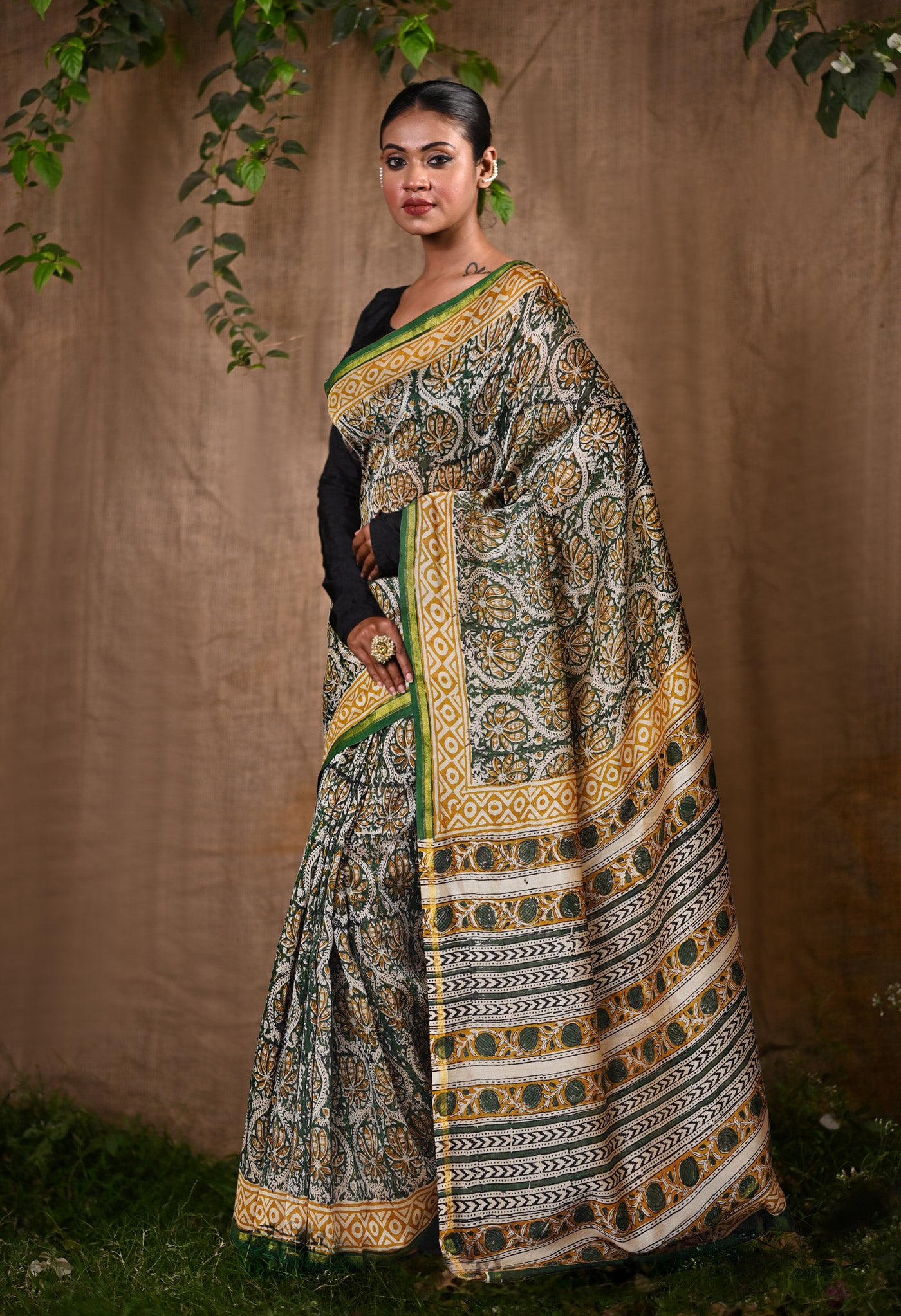 Green Pure Bagru Kalamkari Printed Chanderi Sico Saree-UNM79920