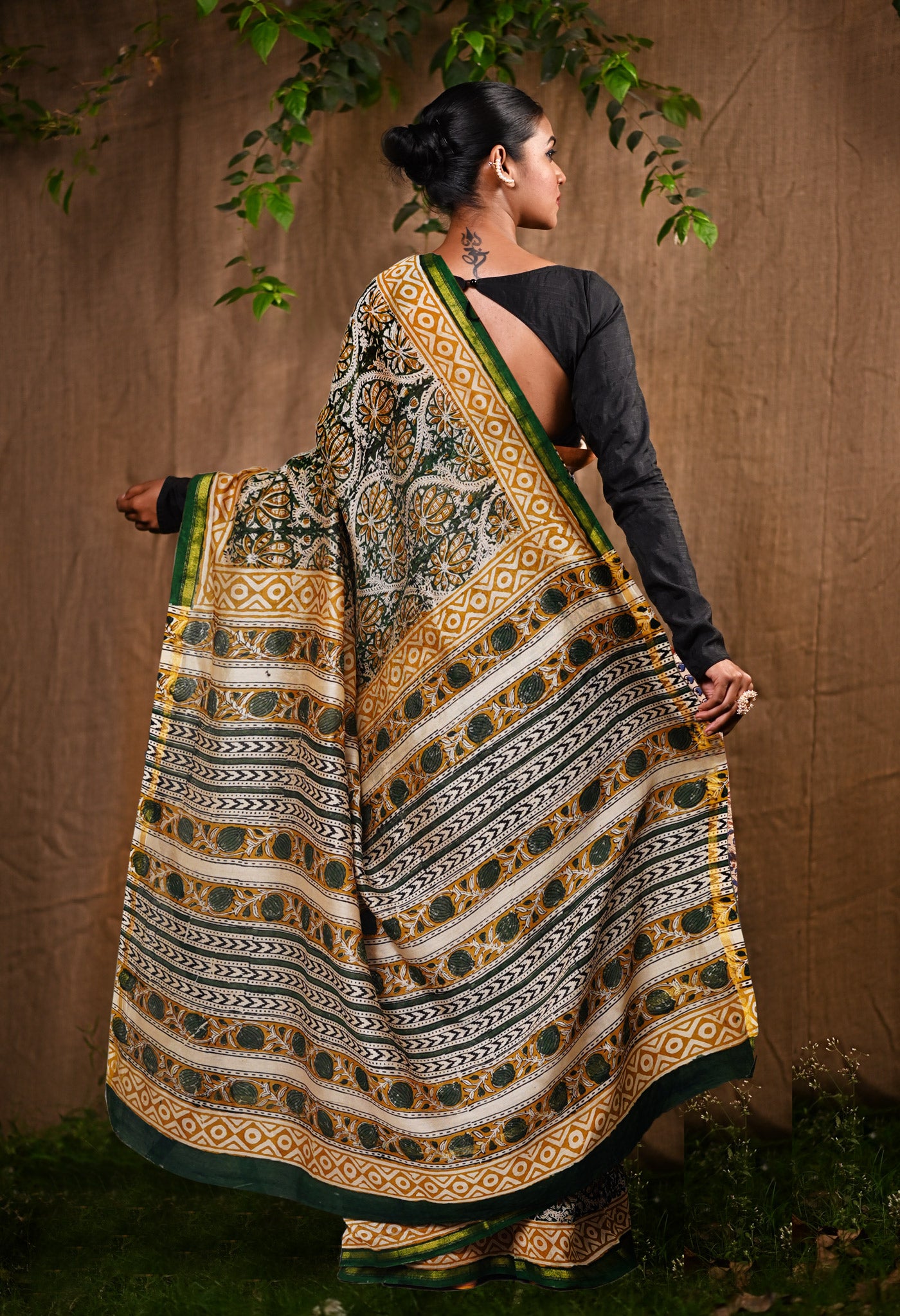 Green Pure Bagru Kalamkari Printed Chanderi Sico Saree-UNM79920