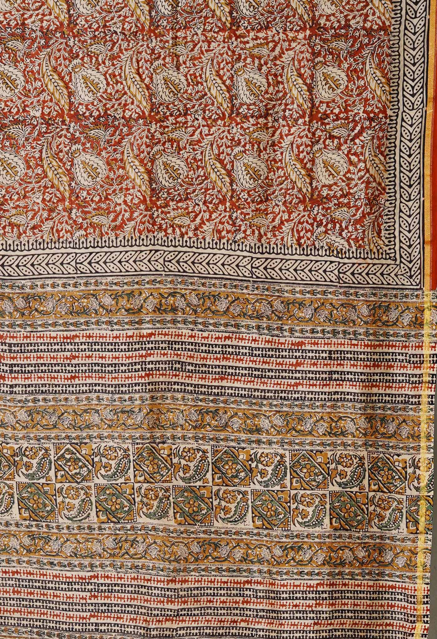 Red Pure Bagru Kalamkari Printed Chanderi Sico Saree-UNM79921