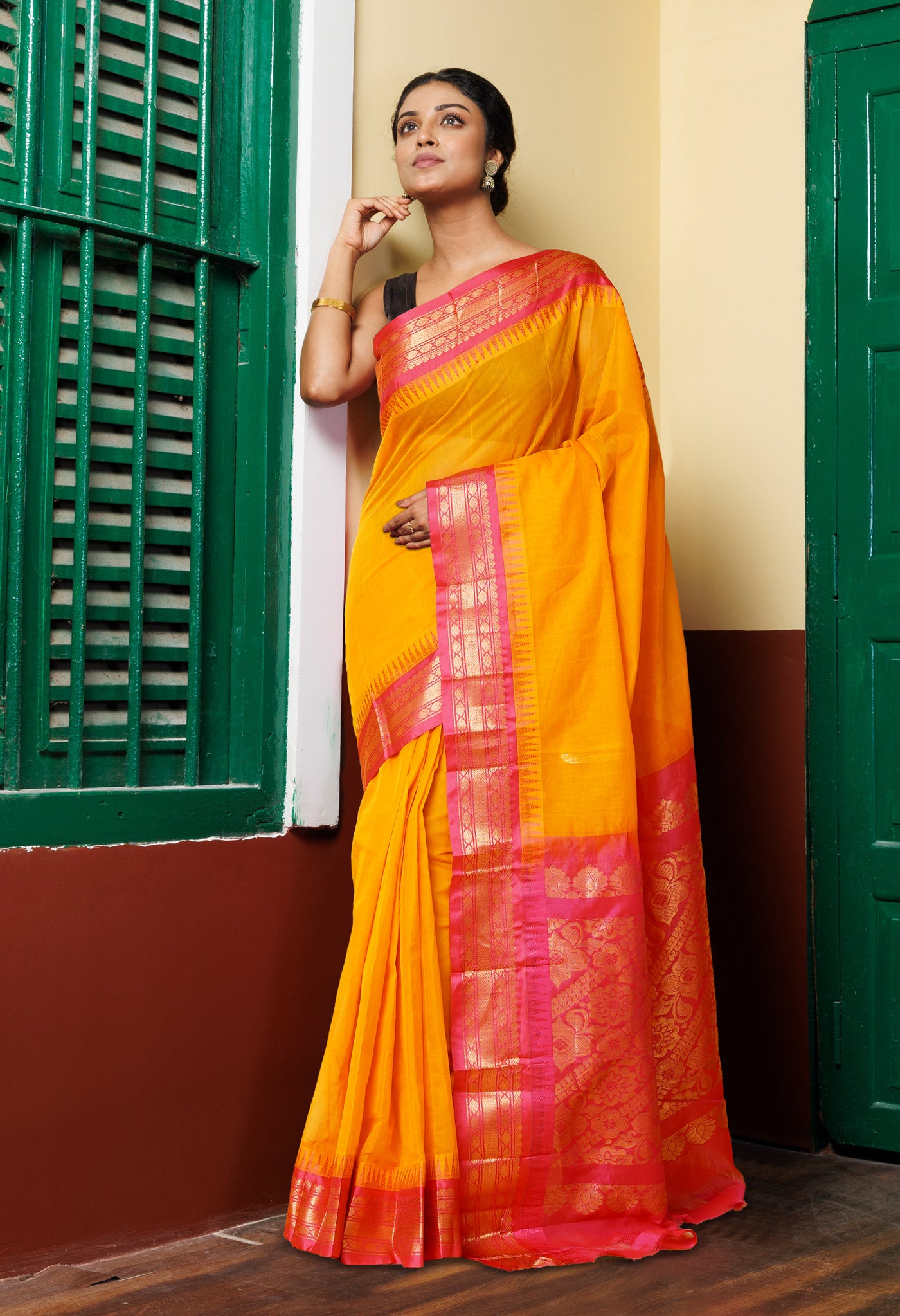 Turmeric Yellow Pure Handloom Gadwal Cotton Saree-UNM79927