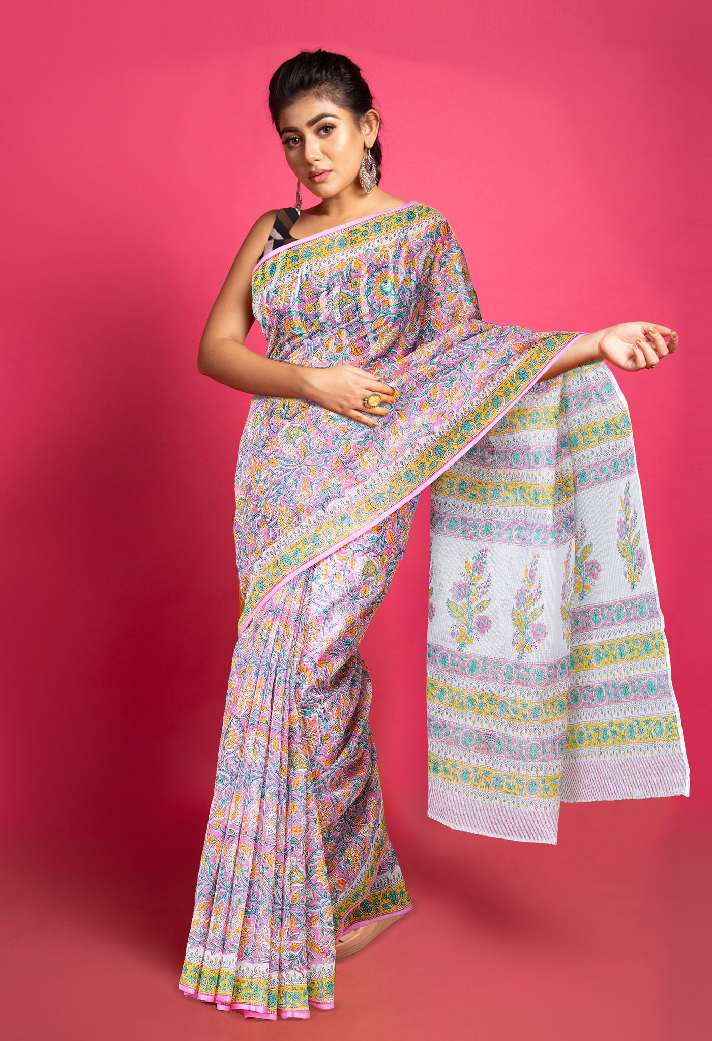 Pink Pure Block Printed Kota Saree-UNM79947