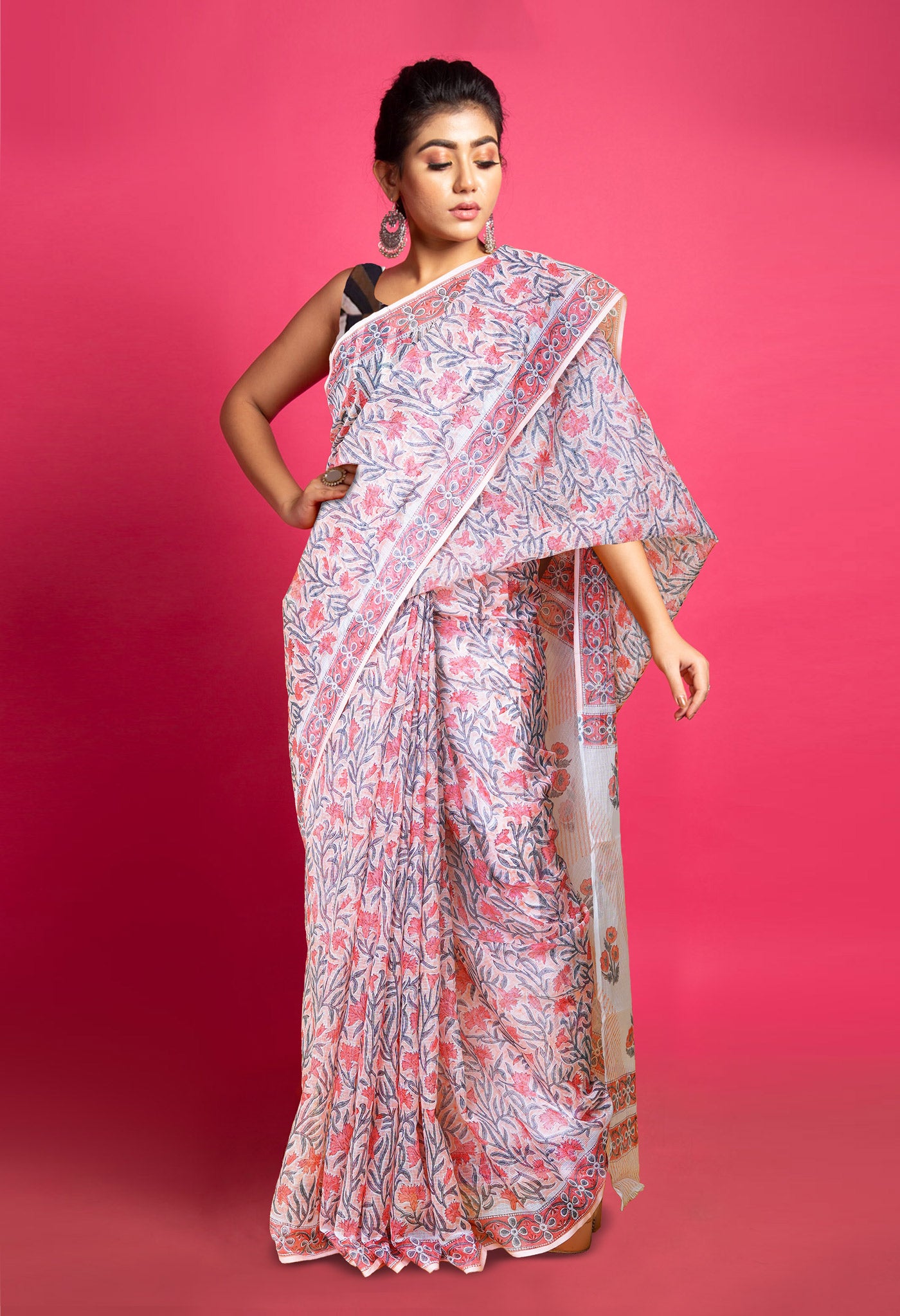 Light Orange Pure Block Printed Kota Saree-UNM79948