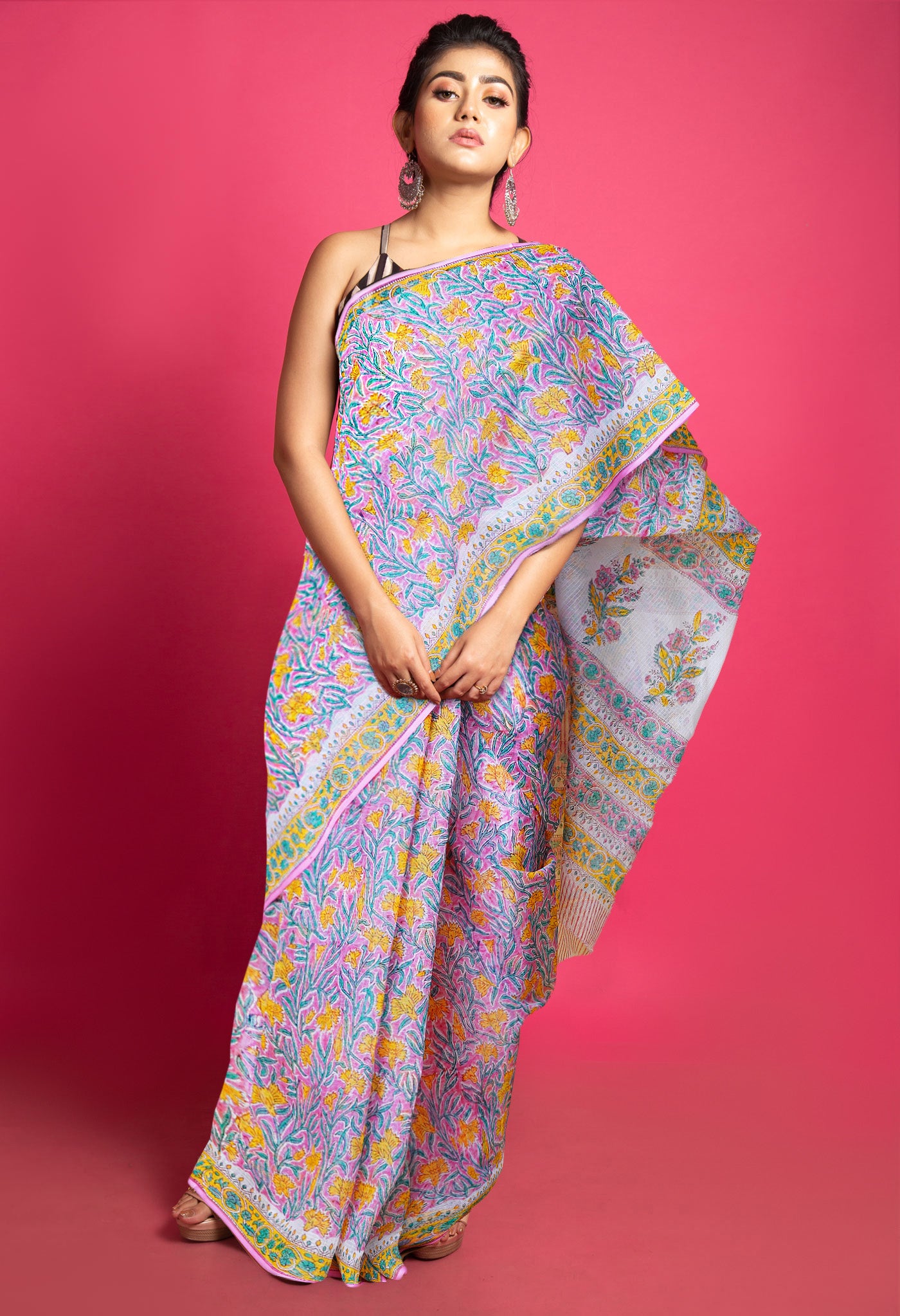 Pink Pure Block Printed Kota Saree-UNM79950