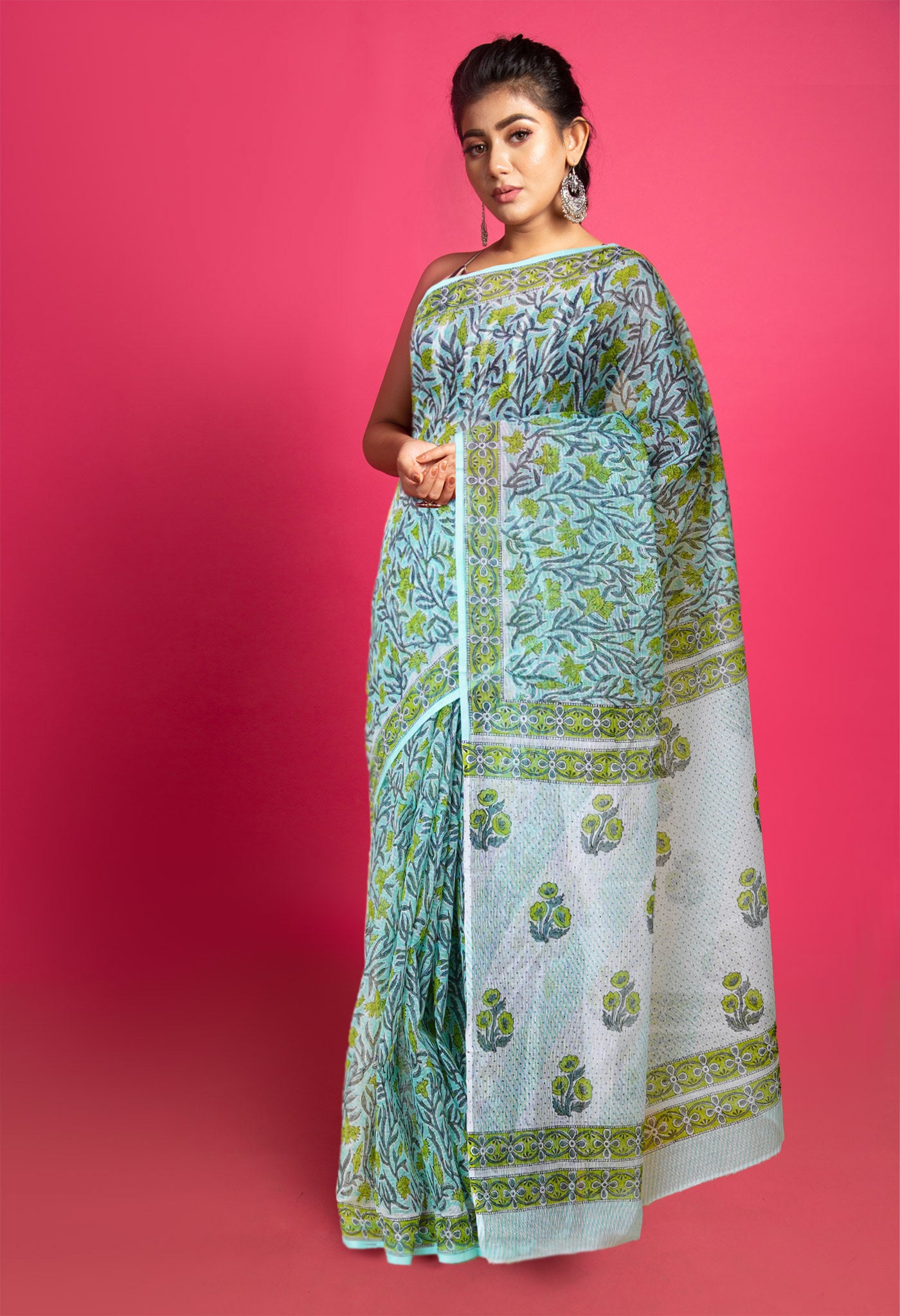 Turquoise Blue Pure Block Printed Kota Saree-UNM79951