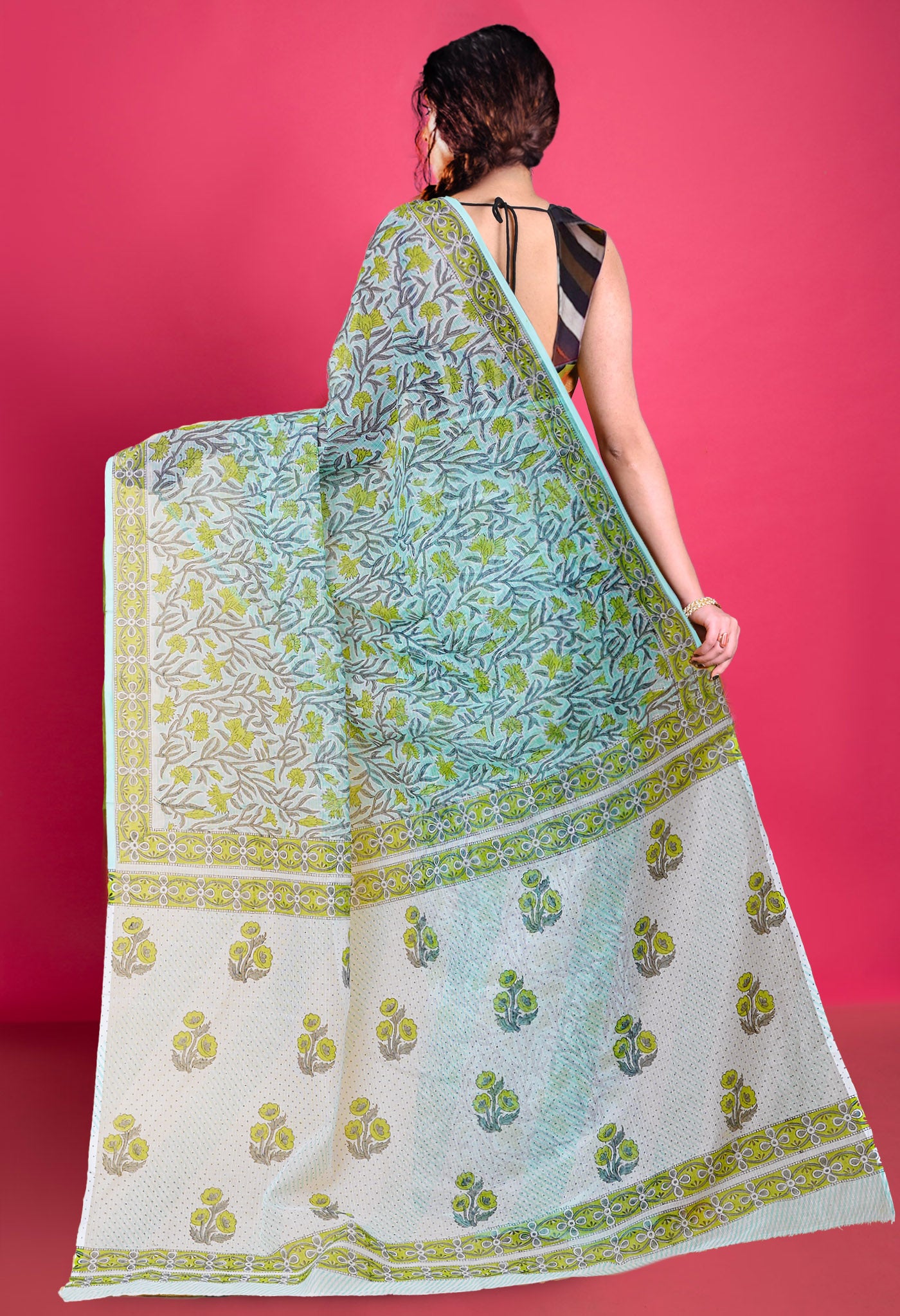 Turquoise Blue Pure Block Printed Kota Saree-UNM79951