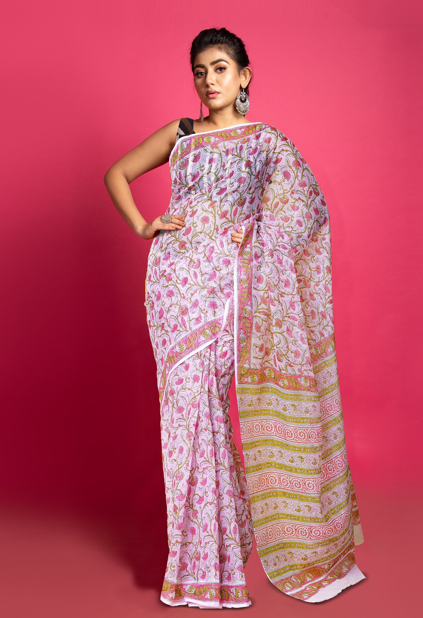 Pink Pure Block Printed Kota Saree-UNM79952