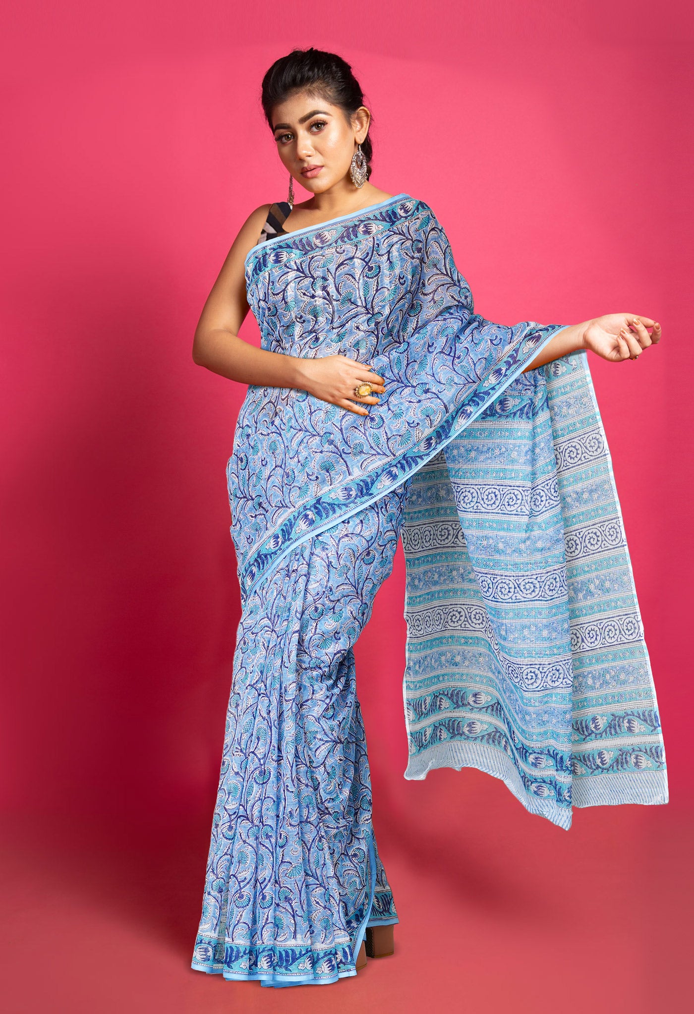 Blue Pure Block Printed Kota Saree-UNM79953