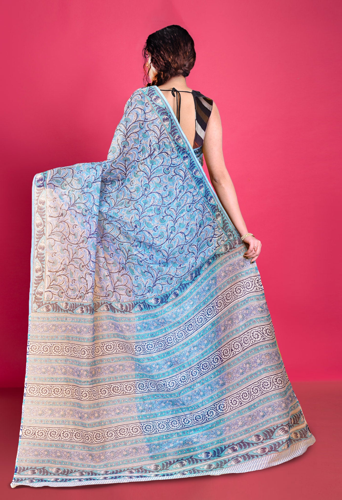 Blue Pure Block Printed Kota Saree-UNM79953