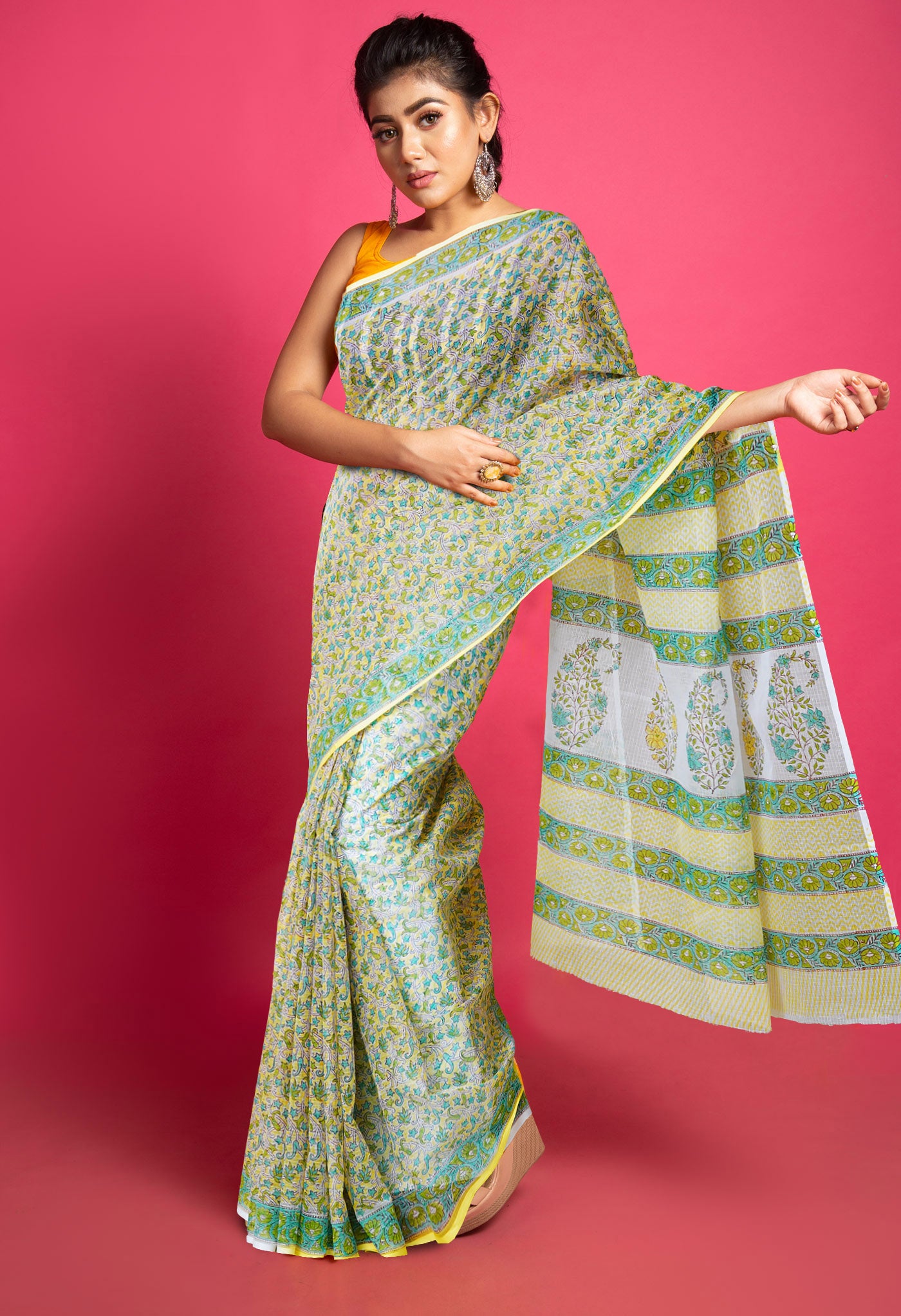 Yellow Pure Block Printed Kota Saree-UNM79958